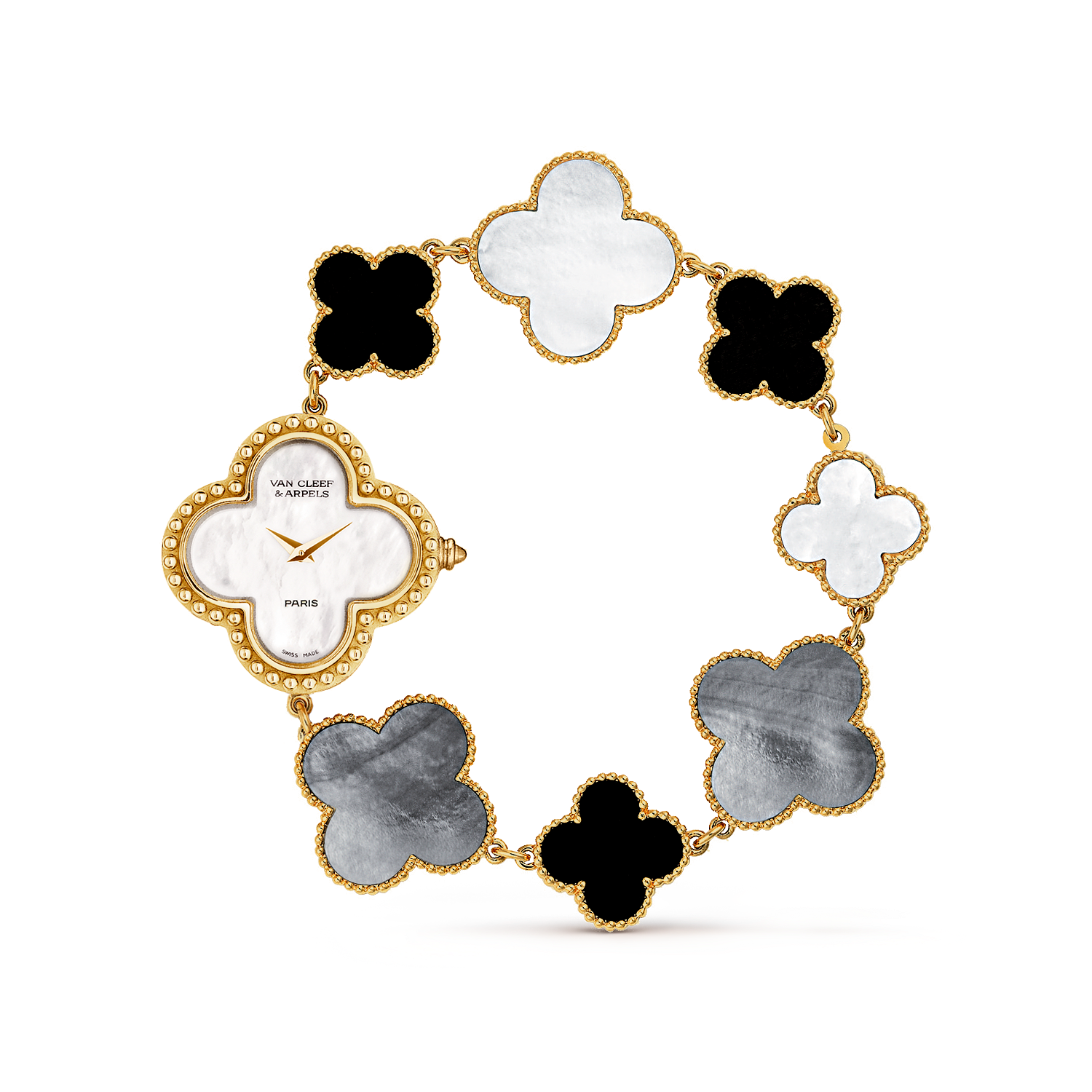 Uhr Alhambra kleines Modell 18 Karat Gelbgold Onyx Perlmutt Van Cleef Arpels