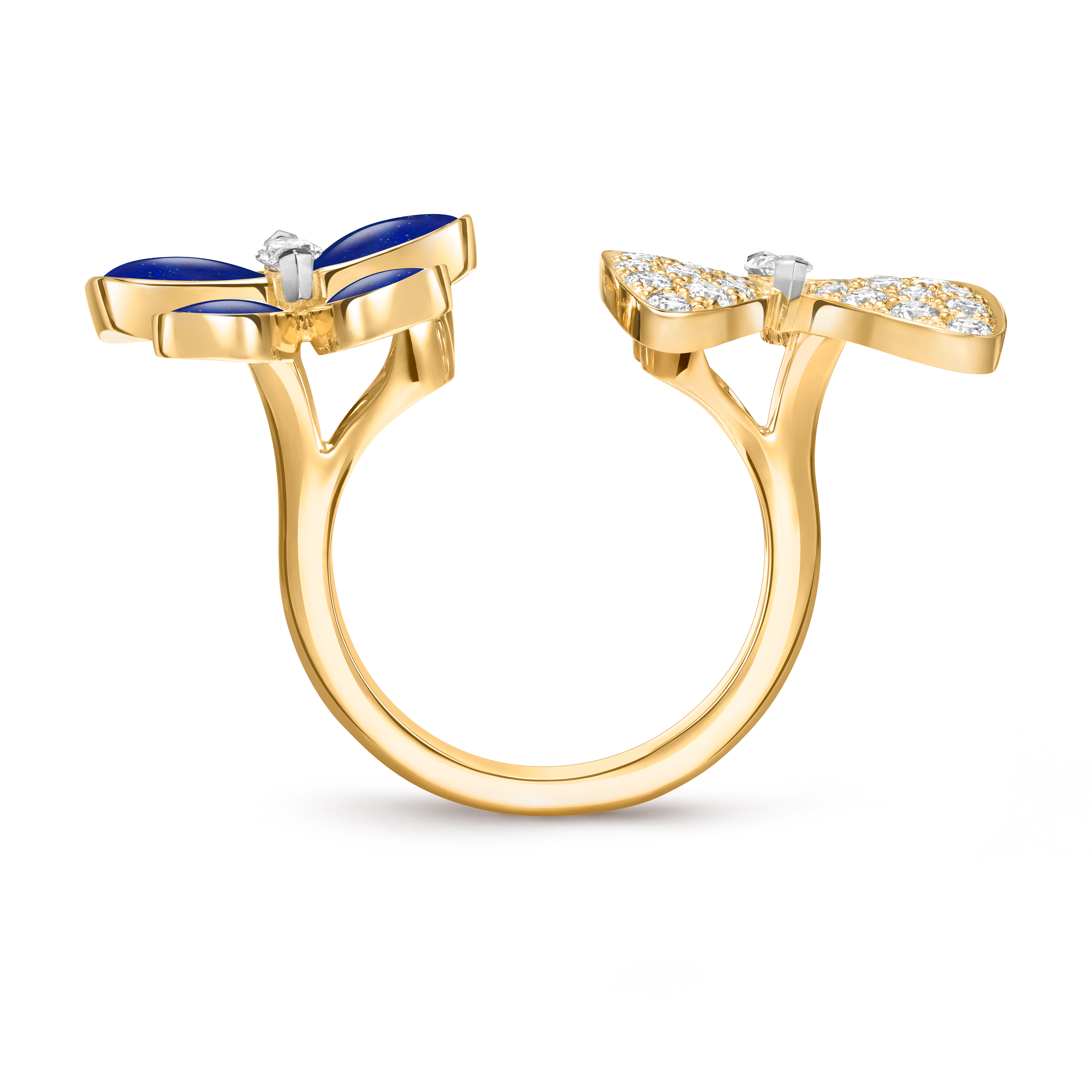 Two Butterfly Between the Finger ring, 18K yellow gold, 18K white gold, Diamond:  36 stones,  0.99 carat, Lapis Lazuli:  4 stones, Profile, Jewelry Ring - Van Cleef & Arpels