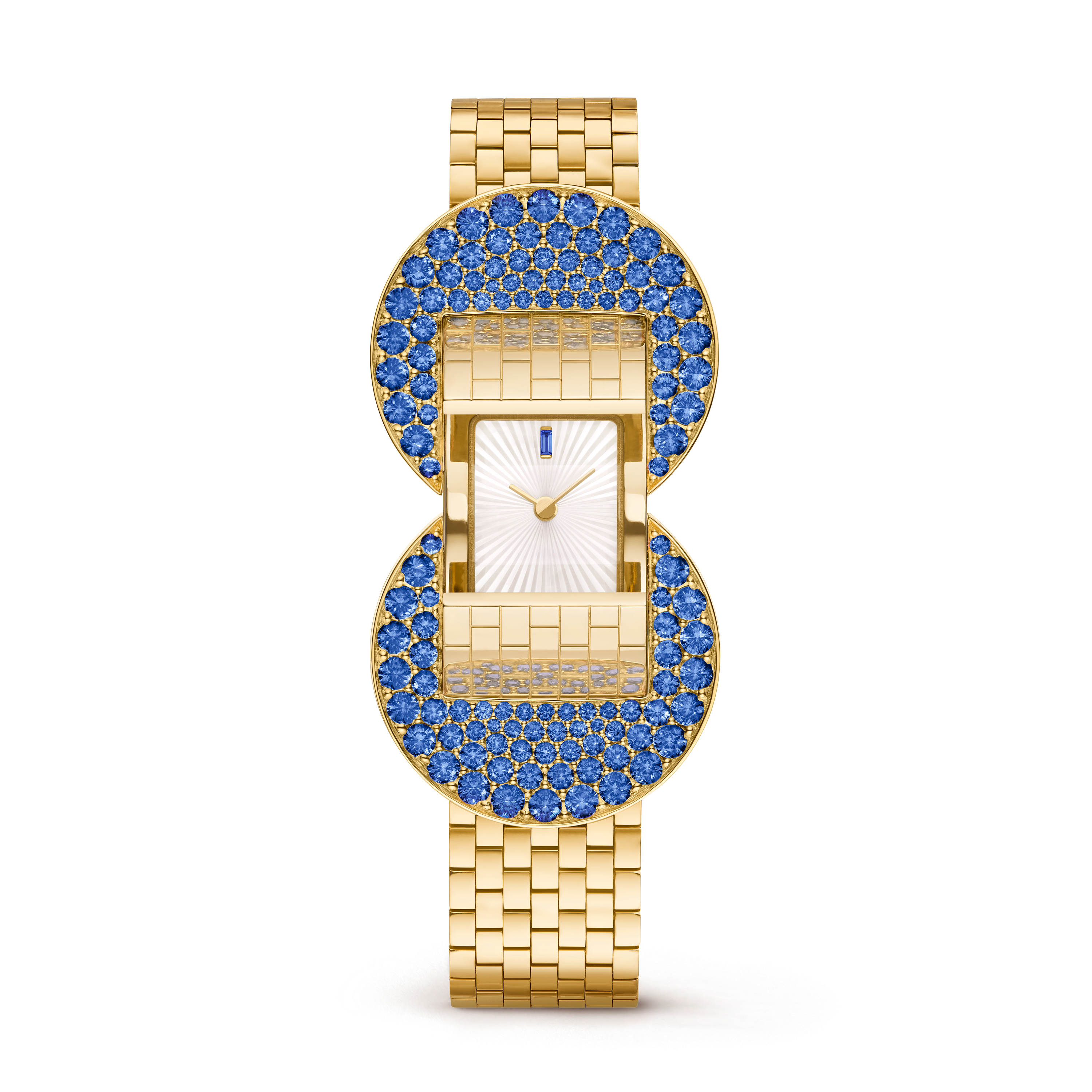 Ludo Secret watch, 18K yellow gold, Mother-of-pearl:  1 stone, Sapphire:  185 stones,  6.28 carats, Front, Watch - Van Cleef & Arpels
