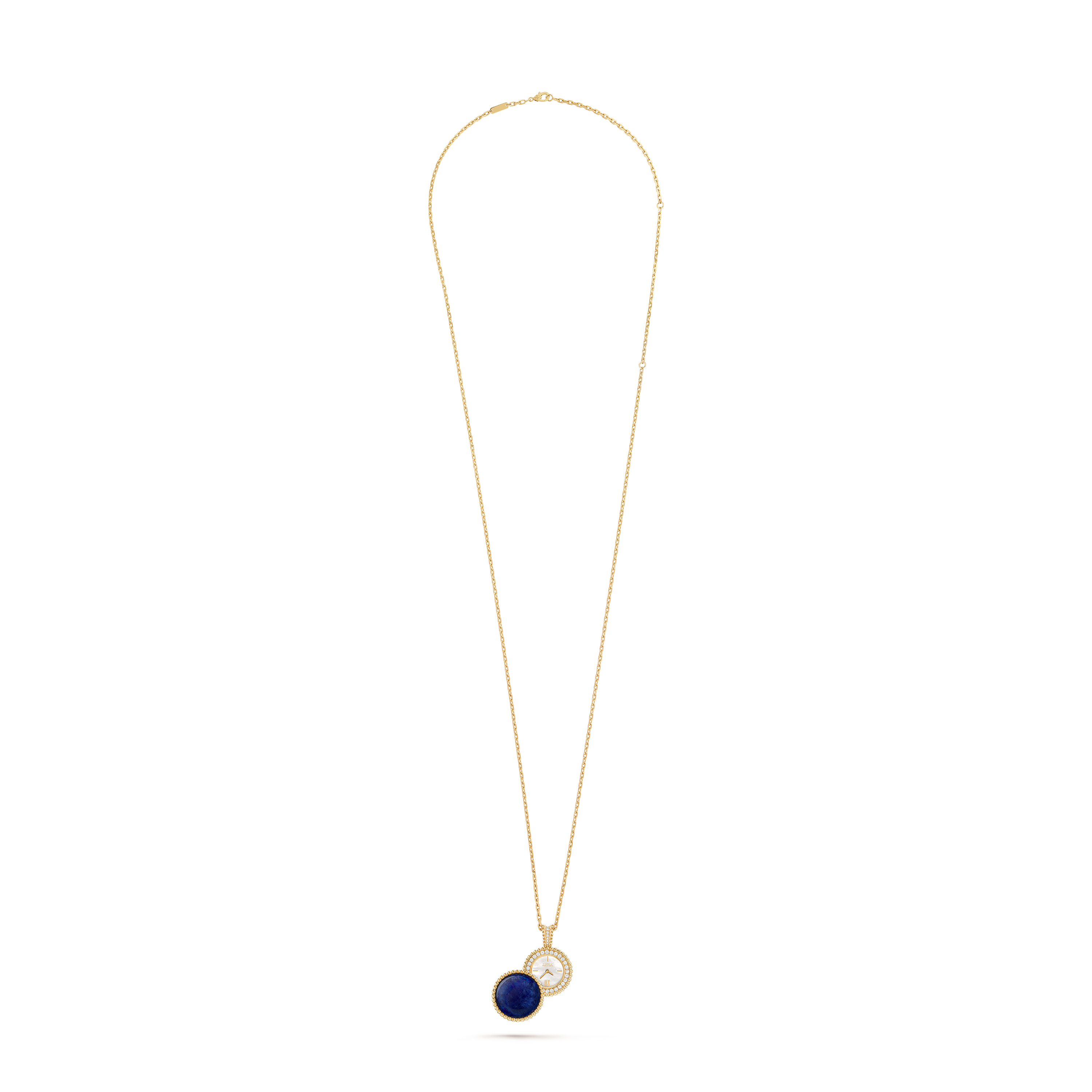 ペルレ シークレット ペンダント ウォッチ, 18K イエローゴールド, ソーダライト:  1 石, ダイヤモンド:  40 石,  0.92 カラット, マザー オブ パール:  1 石, Open, Watch - ヴァン クリーフ&アーペル - Van Cleef & Arpels