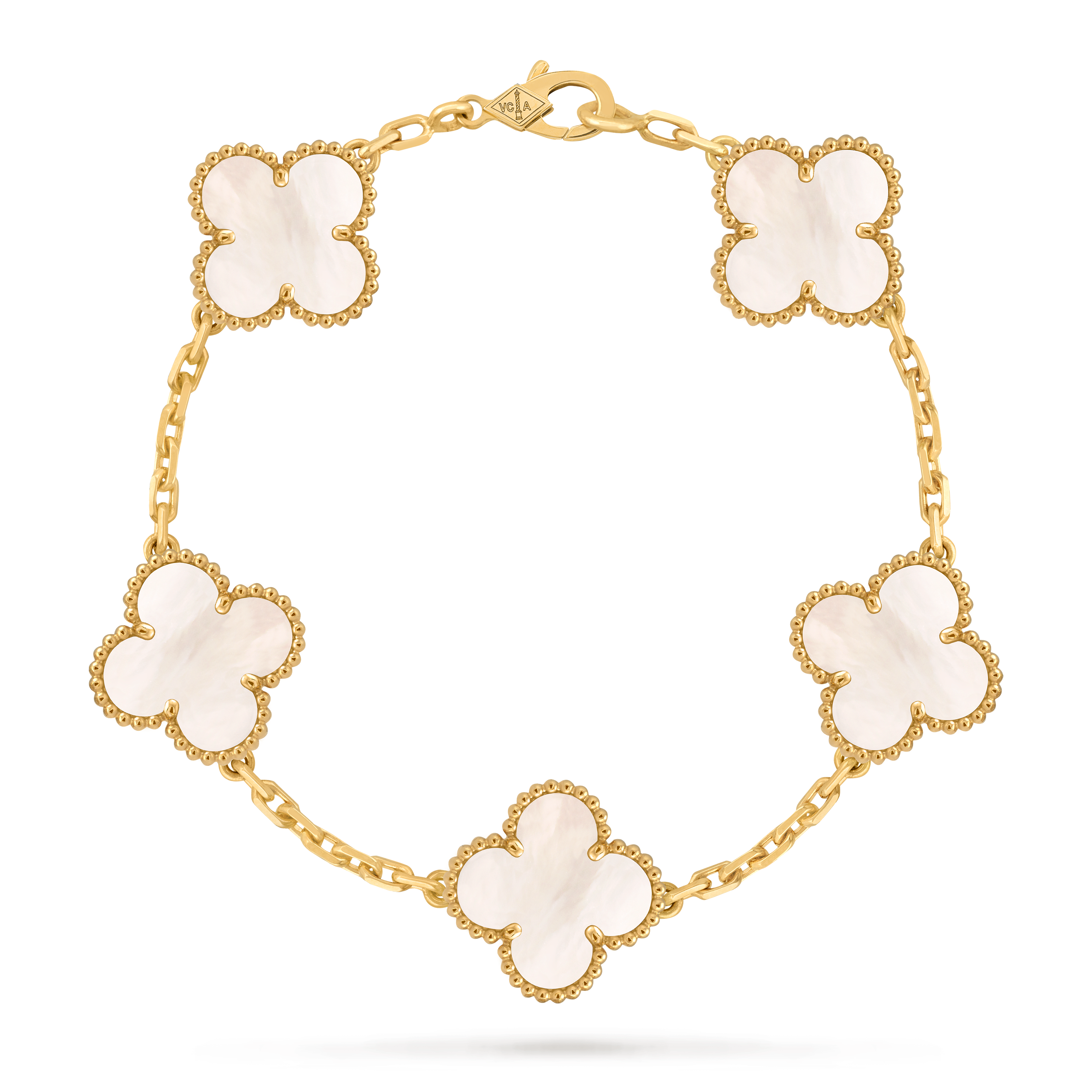 Vintage Alhambra bracelet, 5 motifs, 18K yellow gold, Mother-of-pearl:  5 stones, Front, Jewelry Bracelet - Van Cleef & Arpels