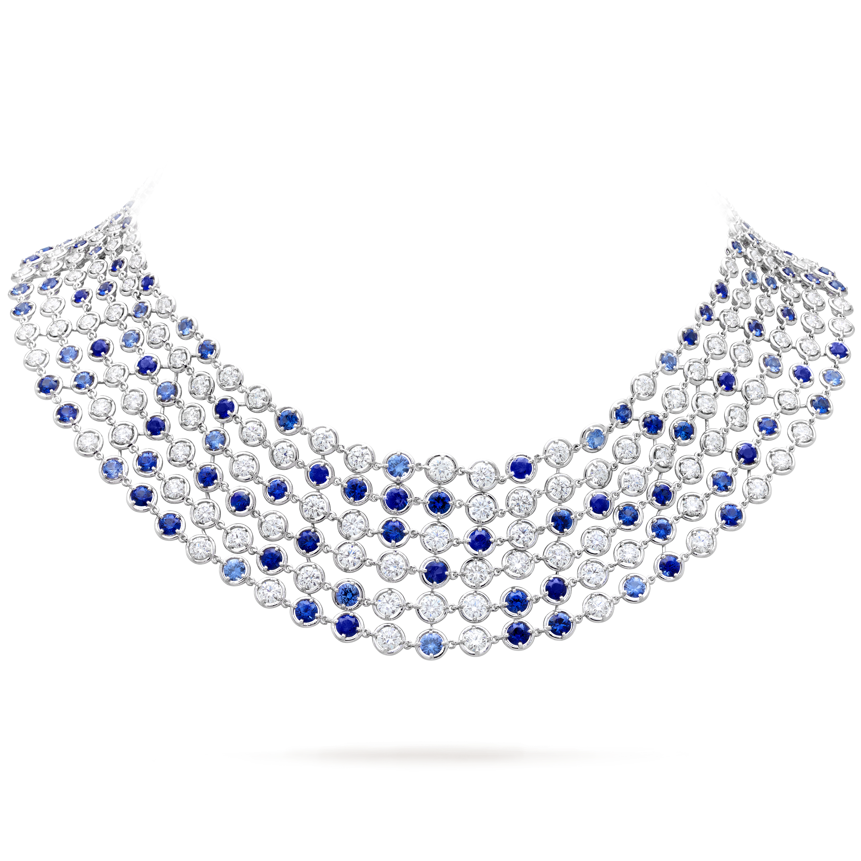 Palmyre necklace, 18K white gold, Diamond:  207 stones,  21 carats, Sapphire:  177 stones,  21.78 carats, On Stand, High Jewelry Necklace - Van Cleef & Arpels