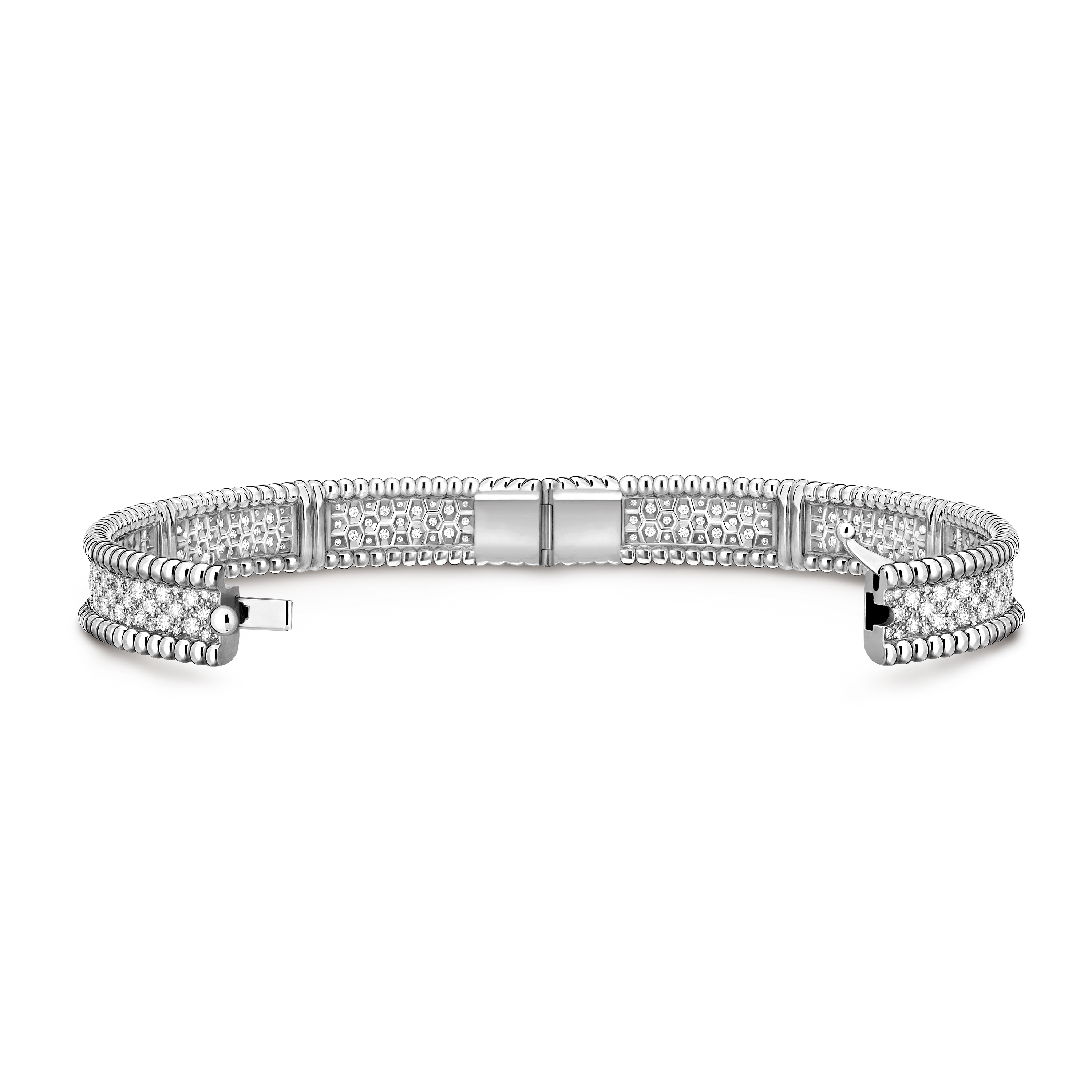 Perlée diamonds bracelet, 3 rows, small model, 18K white gold, Diamond:  264 stones,  3.11 carats, Open, Jewelry Bracelet - Van Cleef & Arpels