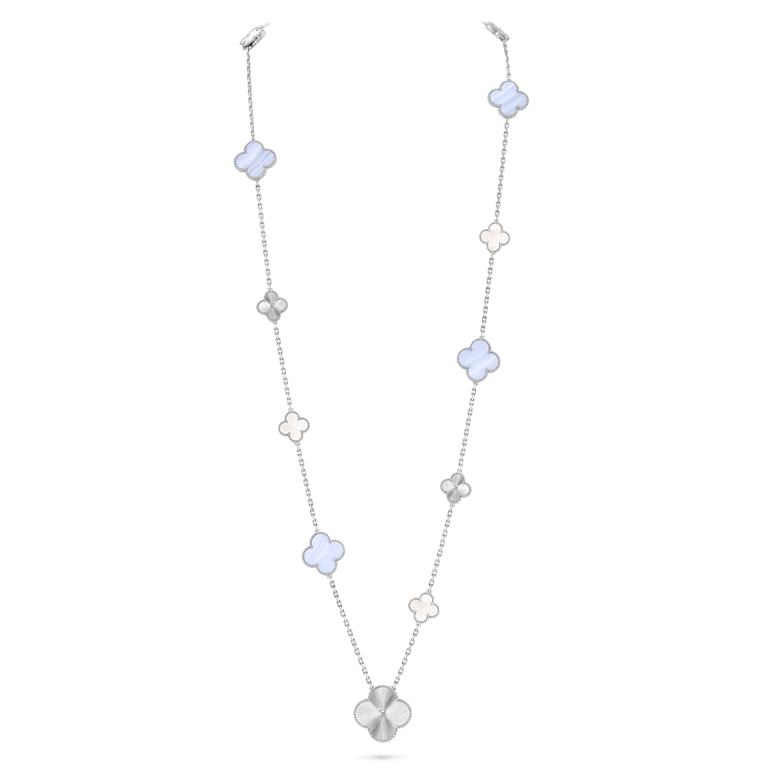 Magic Alhambra transformable long necklace, 15 motifs, 18K white gold, Chalcedony:  6 stones, Mother-of-pearl:  5 stones, On Stand, Jewelry Long Necklace - Van Cleef & Arpels