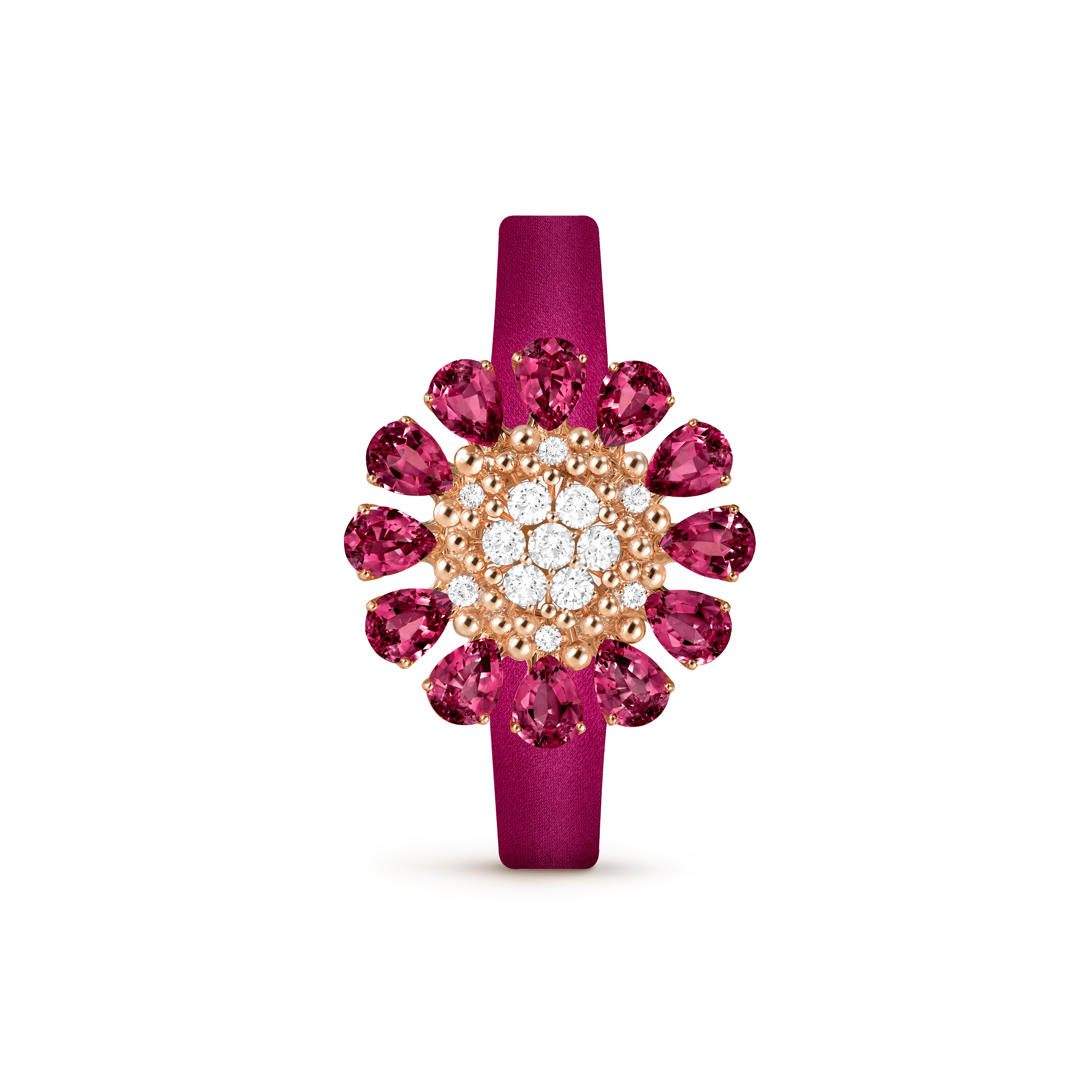 Fleurs d'Hawaï secret watch, 18K rose gold, Diamond:  59 stones,  2.63 carats, Mother-of-pearl:  1 stone, Rhodolite:  12 stones, Front Alternative, Watch - Van Cleef & Arpels