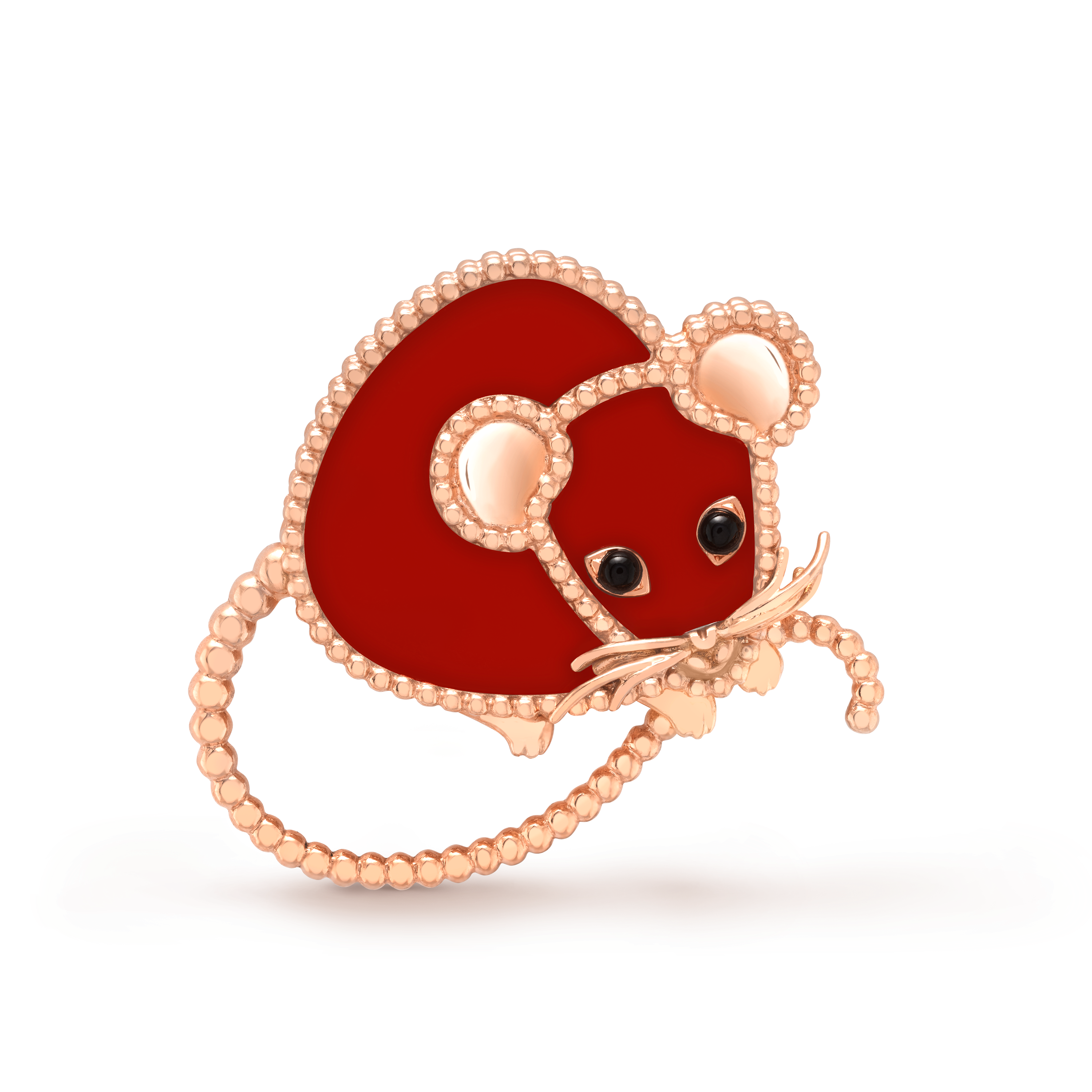 Lucky Animals Mouse Clip, 18K rose gold, Carnelian:  2 stones, Onyx:  2 stones, Front, Jewelry Clip - Van Cleef & Arpels