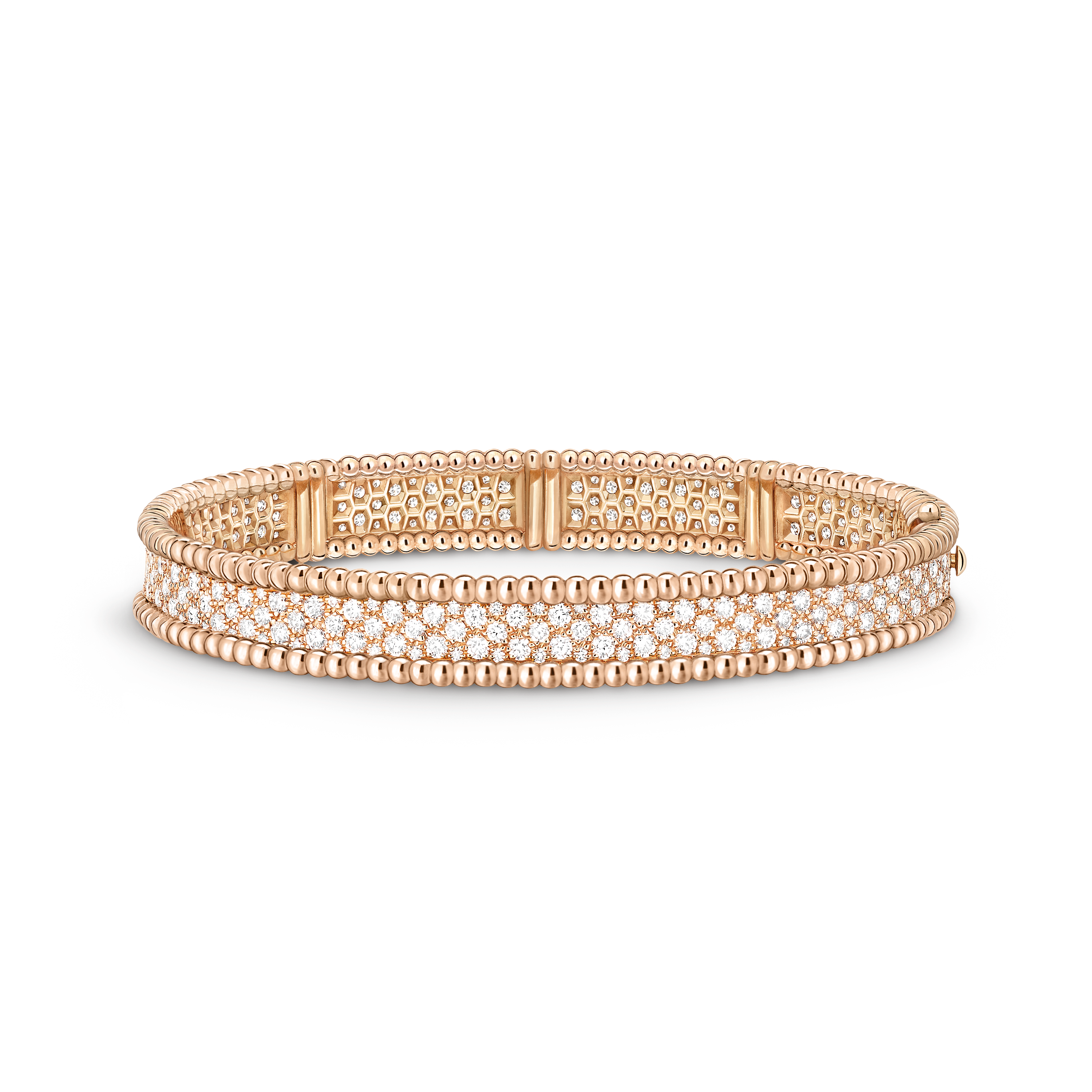 Perlée diamonds bracelet, 3 rows, large model, 18K rose gold, Diamond:  294 stones,  3.56 carats, Front, Jewelry Bracelet - Van Cleef & Arpels