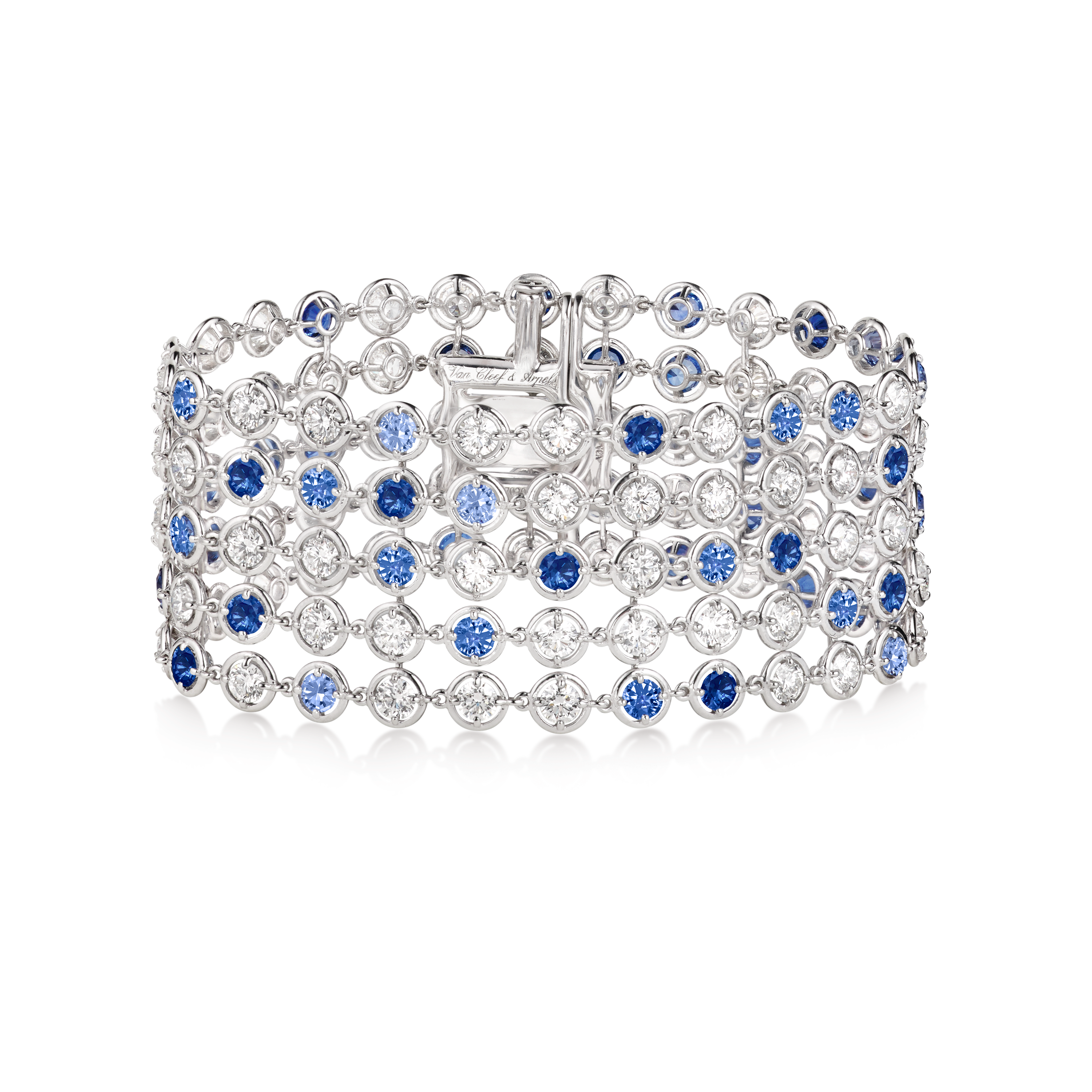 Armband Palmyre, 18 Karat Weißgold, Diamant:  77 Steine,  10.74 Karat, Saphir:  58 Steine,  10.09 Karat, Front, High Jewelry Bracelet - Van Cleef & Arpels