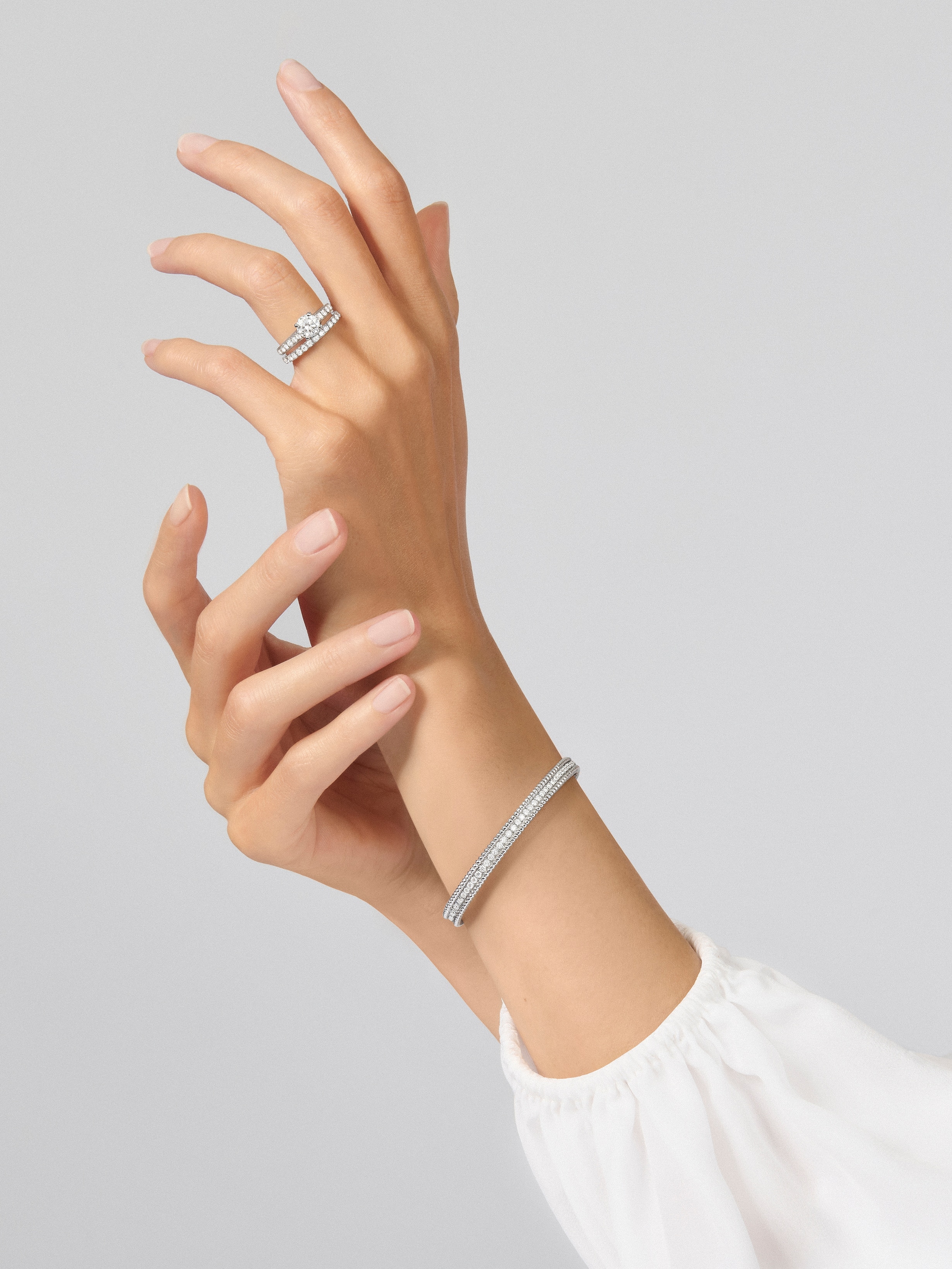 Perlée diamonds bracelet, 1 row, small model, 18K white gold, Diamond:  76 stones,  2.05 carats, Worn Detail, Jewelry Bracelet - Van Cleef & Arpels