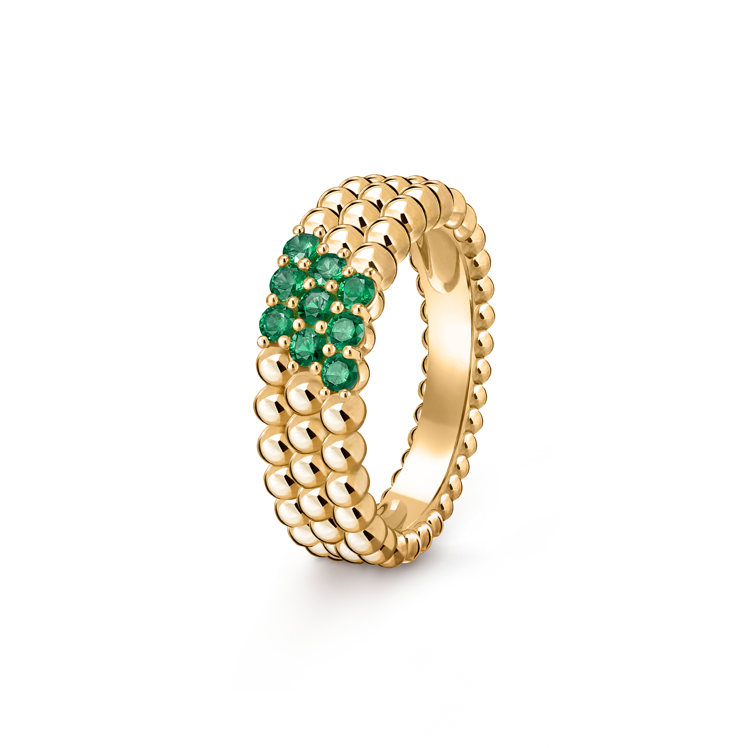Ring Perlée Couleurs, 3-reihig, 18 Karat Gelbgold, Smaragd:  9 Steine,  0.45 Karat, Three Fourth, Jewelry Ring - Van Cleef & Arpels