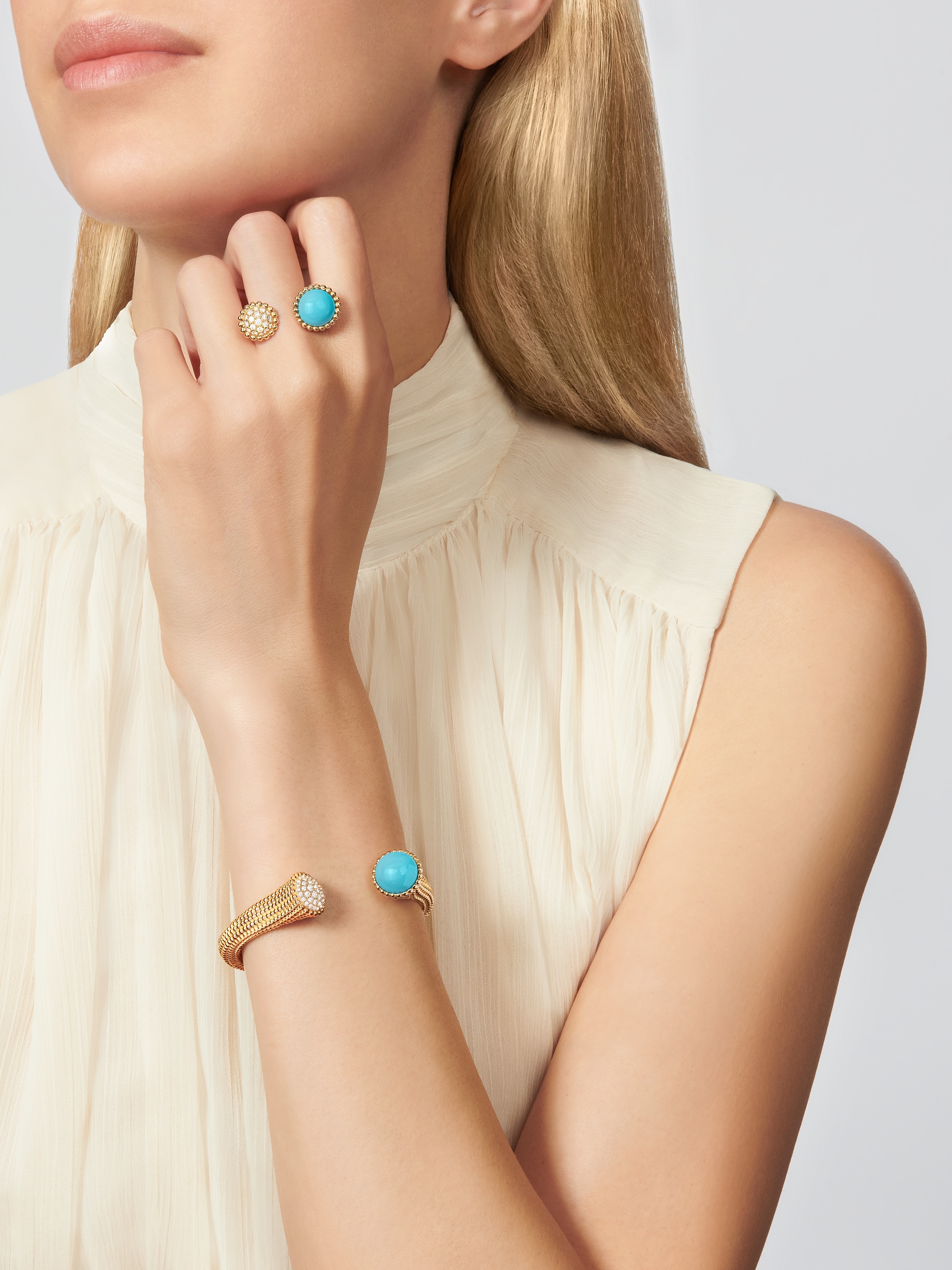 Perlée couleurs bracelet, medium model, 18K yellow gold, Diamond:  43 stones,  0.76 carat, Turquoise:  1 stone, Worn Alternative, Jewelry Bracelet - Van Cleef & Arpels