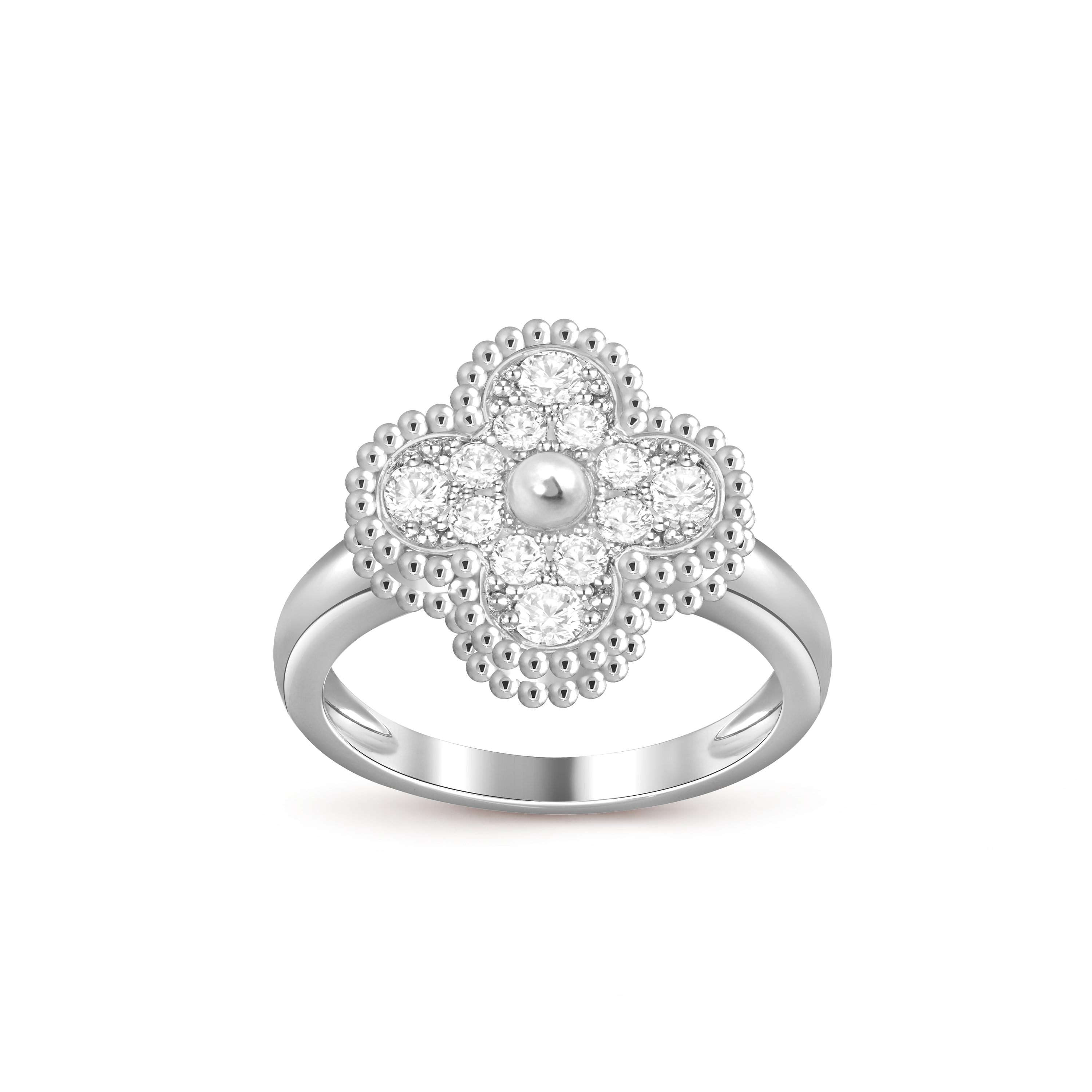 Vintage Alhambra ring, 18K white gold, Diamond:  12 stones,  0.48 carat, Front, Jewelry Ring - Van Cleef & Arpels