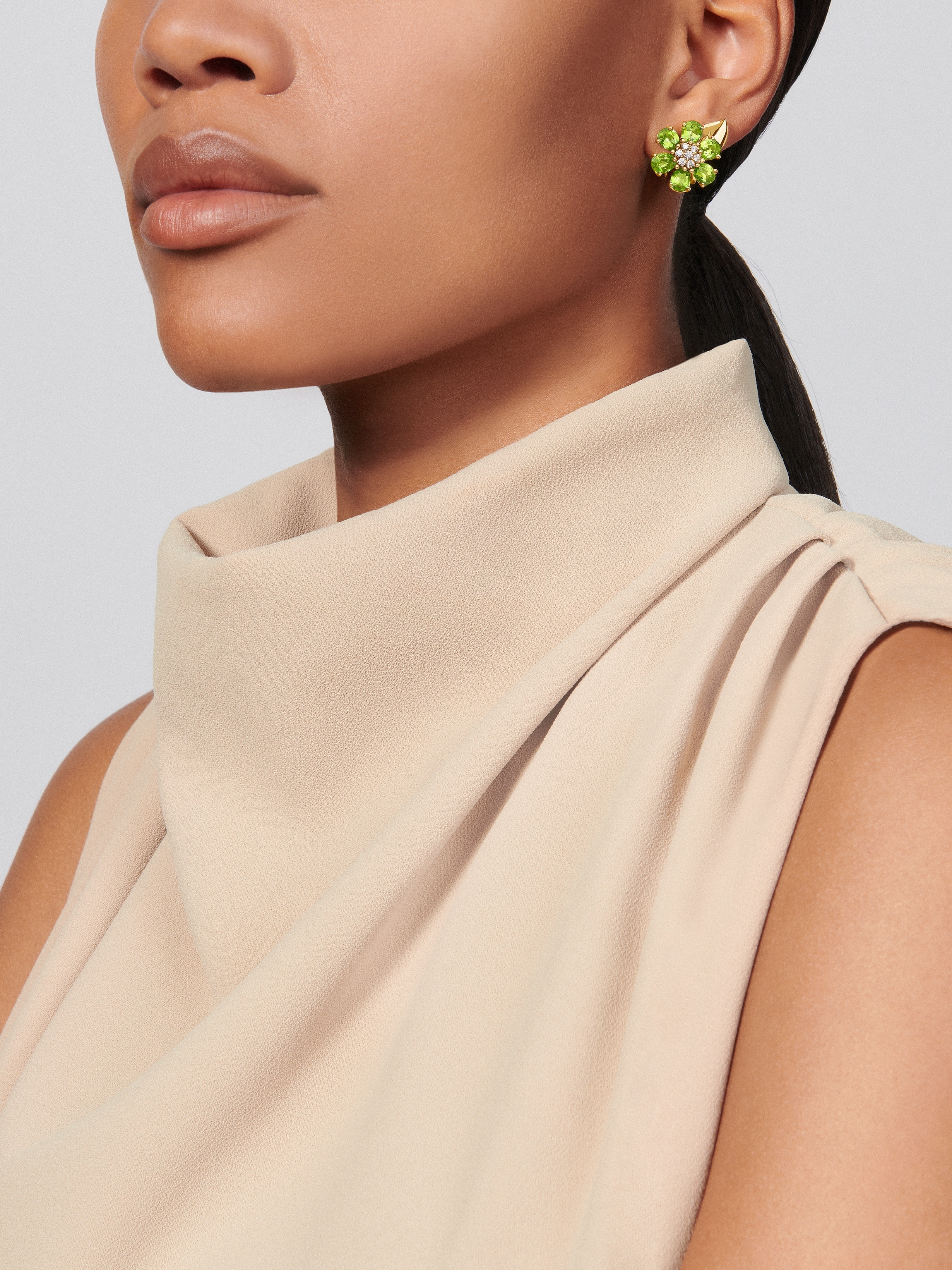 Fleurs d’Hawaï earrings, 18K yellow gold, Diamond:  14 stones,  0.39 carat, Peridot:  12 stones,  9.24 carats, Worn Alternative, Jewelry Earrings - Van Cleef & Arpels