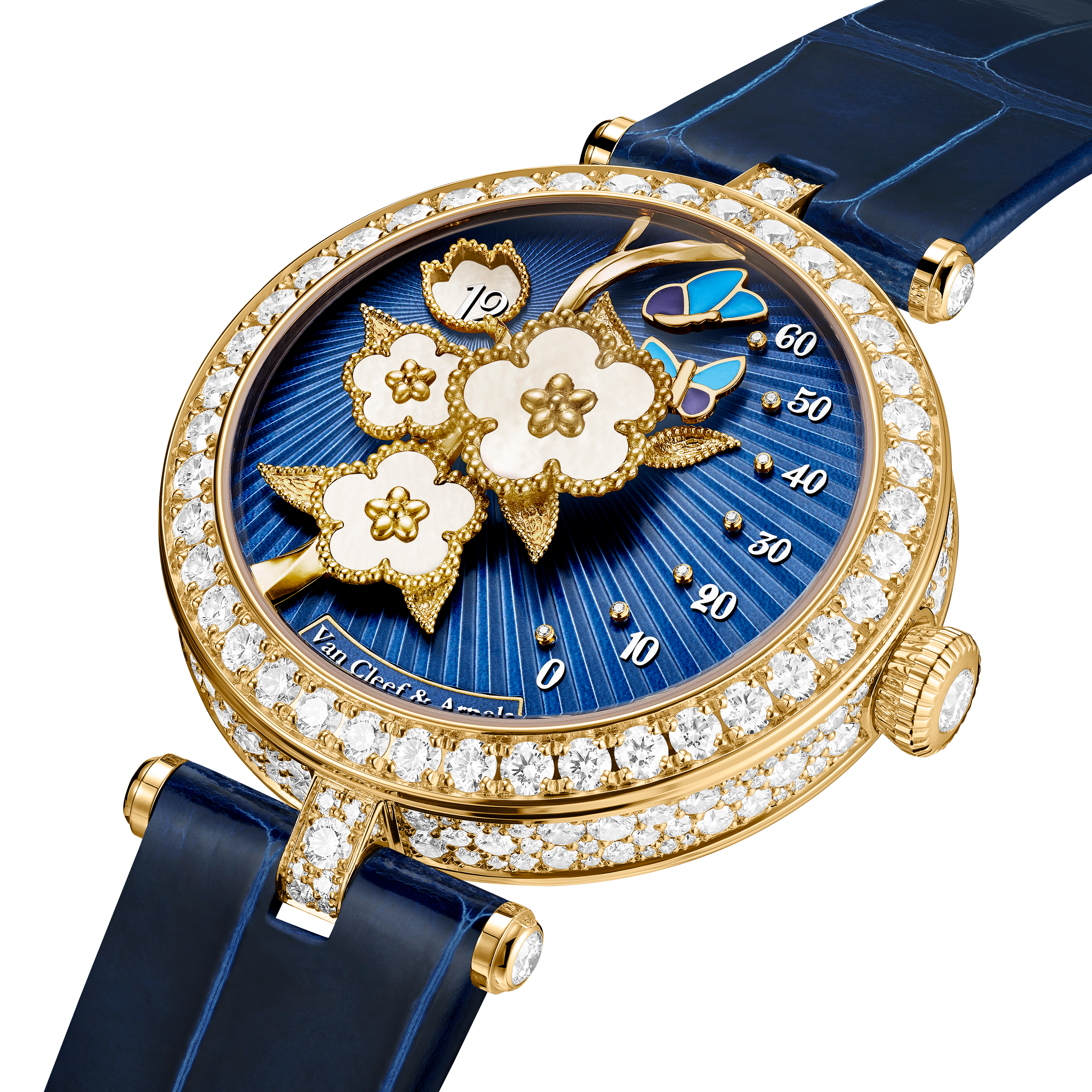 レディ ラッキー スプリング パピヨン, 18K イエローゴールド, ダイヤモンド:  326 石,  4.65 カラット, マザー オブ パール:  3 石, Three Fourth, Watch - ヴァン クリーフ&アーペル - Van Cleef & Arpels