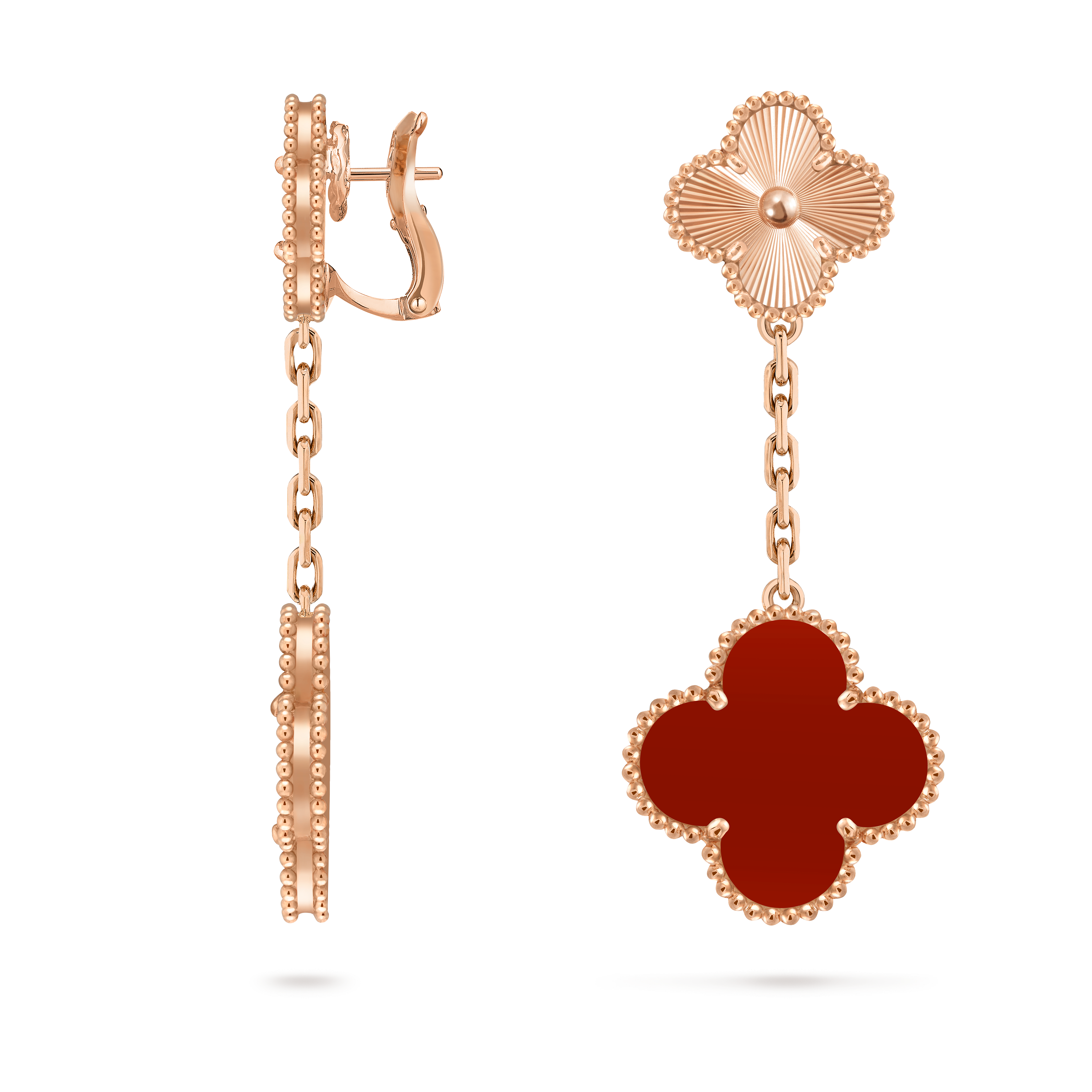 Magic Alhambra earrings, 2 motifs, 18K rose gold, Carnelian:  2 stones, Profile, Jewelry Earrings - Van Cleef & Arpels