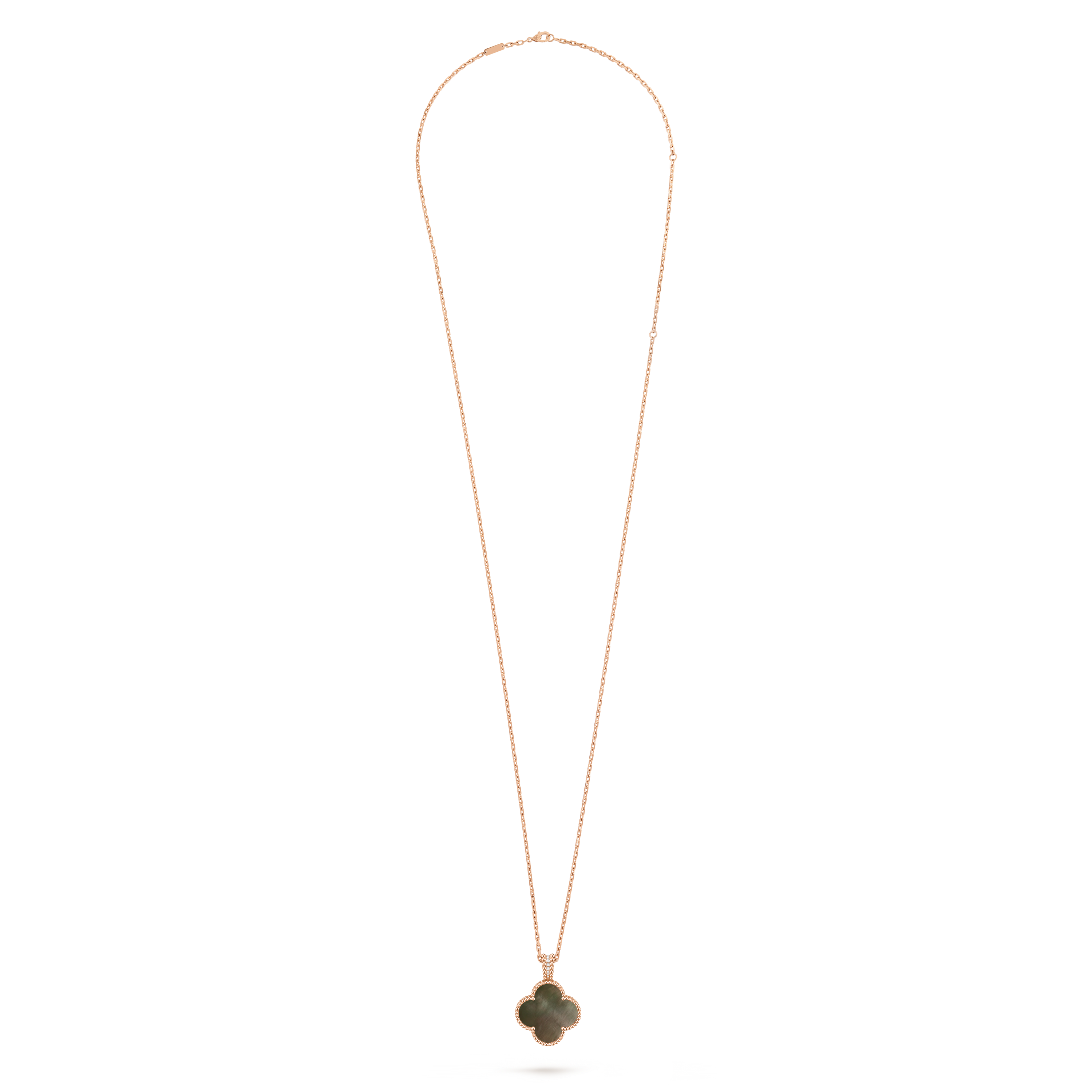 Alhambra secret pendant watch, 18K rose gold, Diamond:  71 stones,  0.55 carat, Mother-of-pearl:  1 stone, Detail, Watch - Van Cleef & Arpels