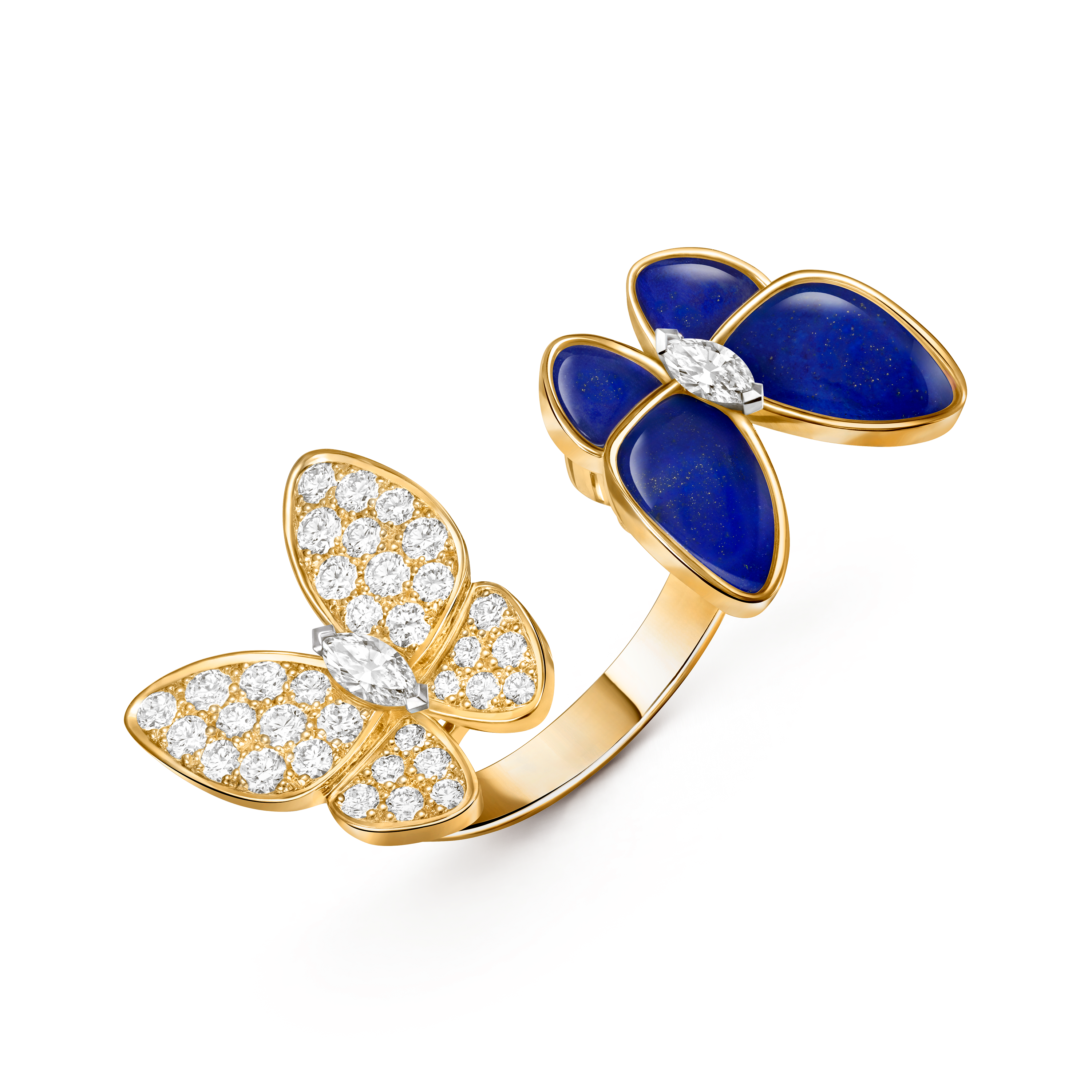 Two Butterfly Between the Finger ring, 18K yellow gold, 18K white gold, Diamond:  36 stones,  0.99 carat, Lapis Lazuli:  4 stones, Three Fourth, Jewelry Ring - Van Cleef & Arpels
