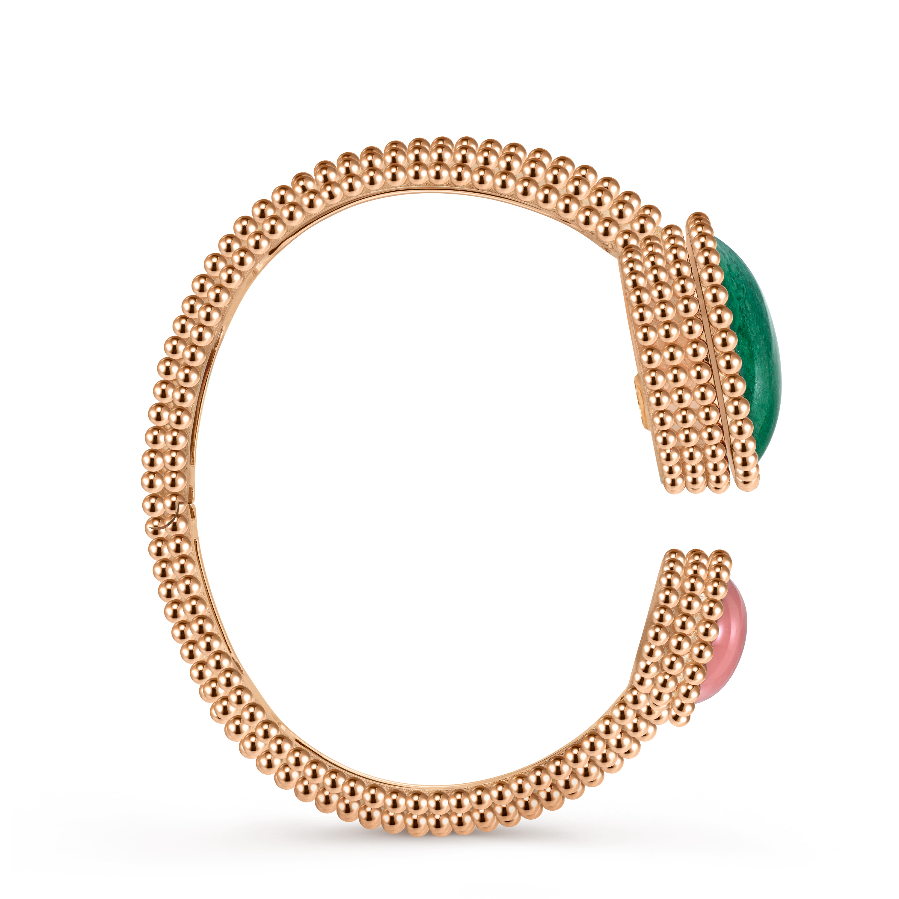 Perlée Toi & Moi secret watch, medium model, 18K rose gold, Diamond:  25 stones,  0.77 carat, Jasper:  1 stone, Mother-of-pearl:  1 stone, Quartz:  1 stone, Profile, Watch - Van Cleef & Arpels