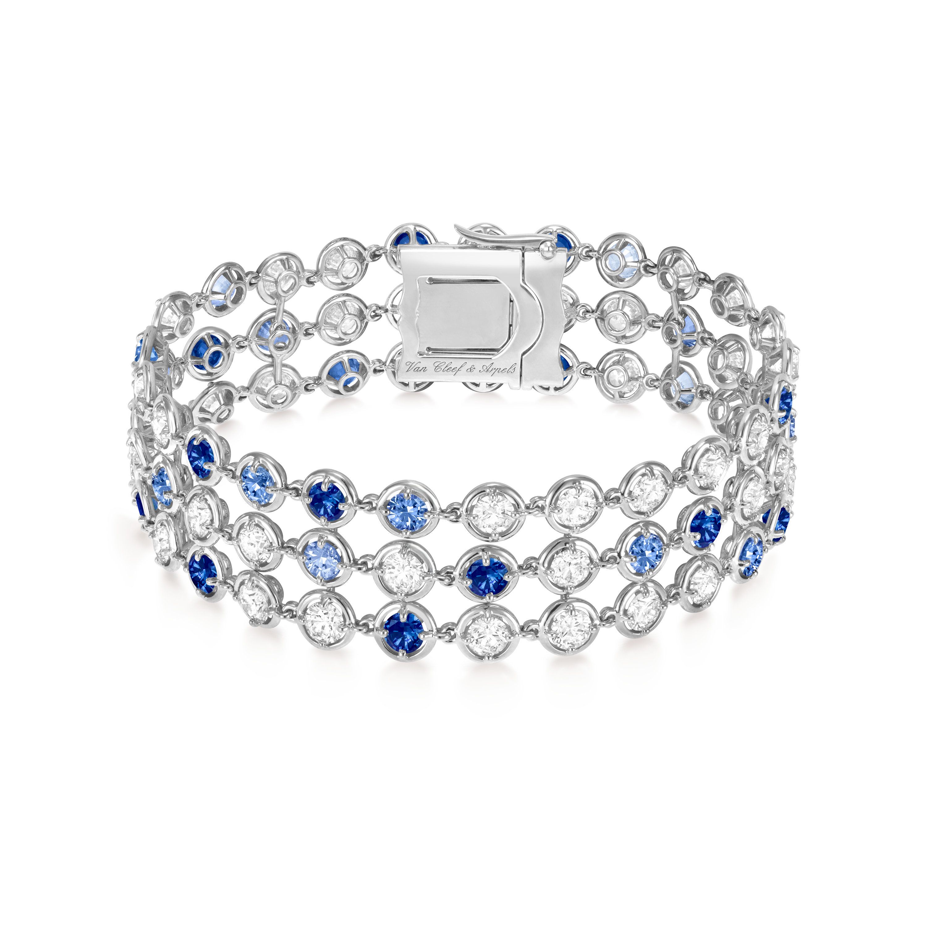 Palmyre 3 rows bracelet, 18K white gold, Diamond:  48 stones,  6.4 carats, Sapphire:  33 stones,  5.74 carats, Front, High Jewelry Bracelet - Van Cleef & Arpels