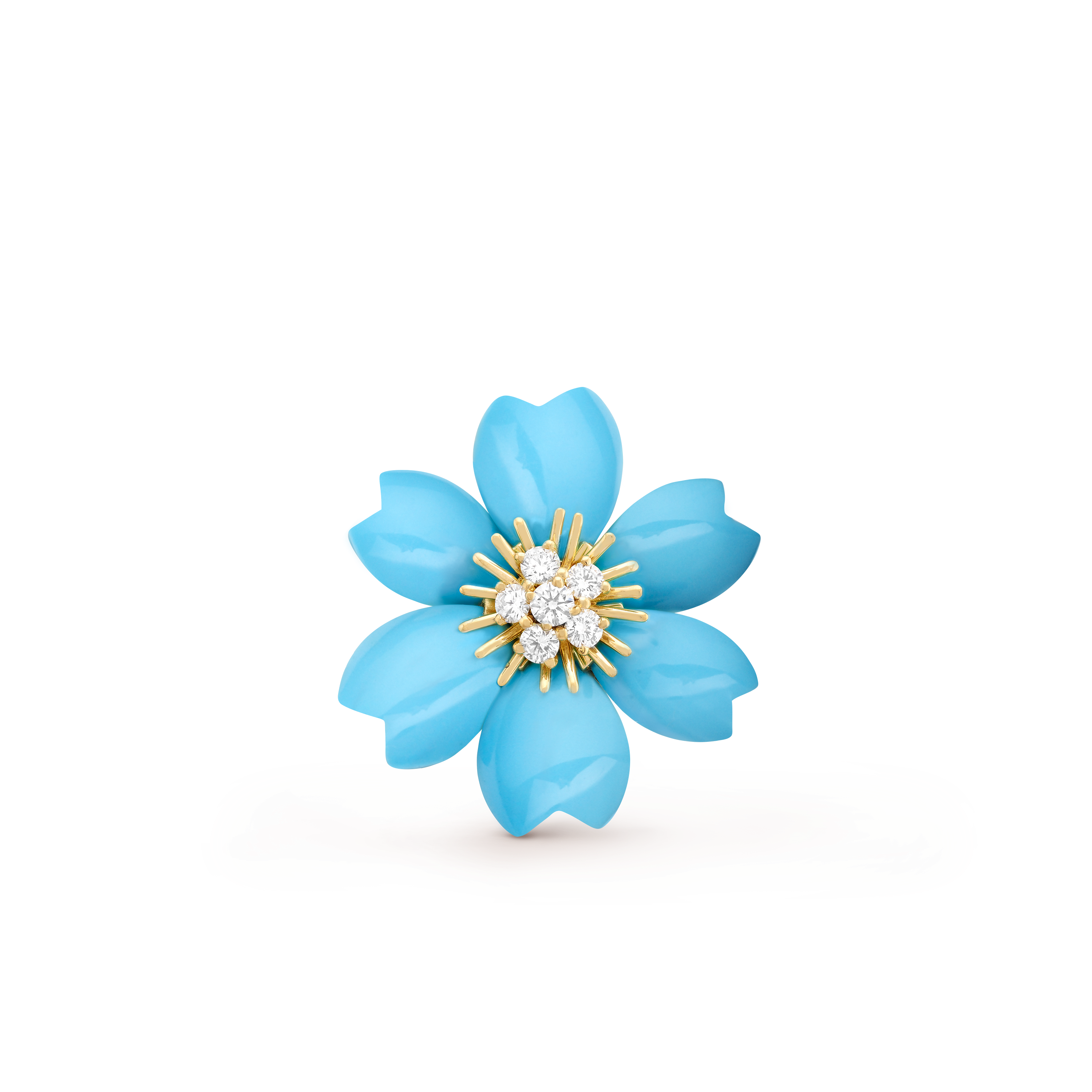 Rose de Noël clip pendant, small model, 18K yellow gold, Diamond:  6 stones,  0.48 carat, Turquoise:  6 stones, Detail, Jewelry Clip Pendant