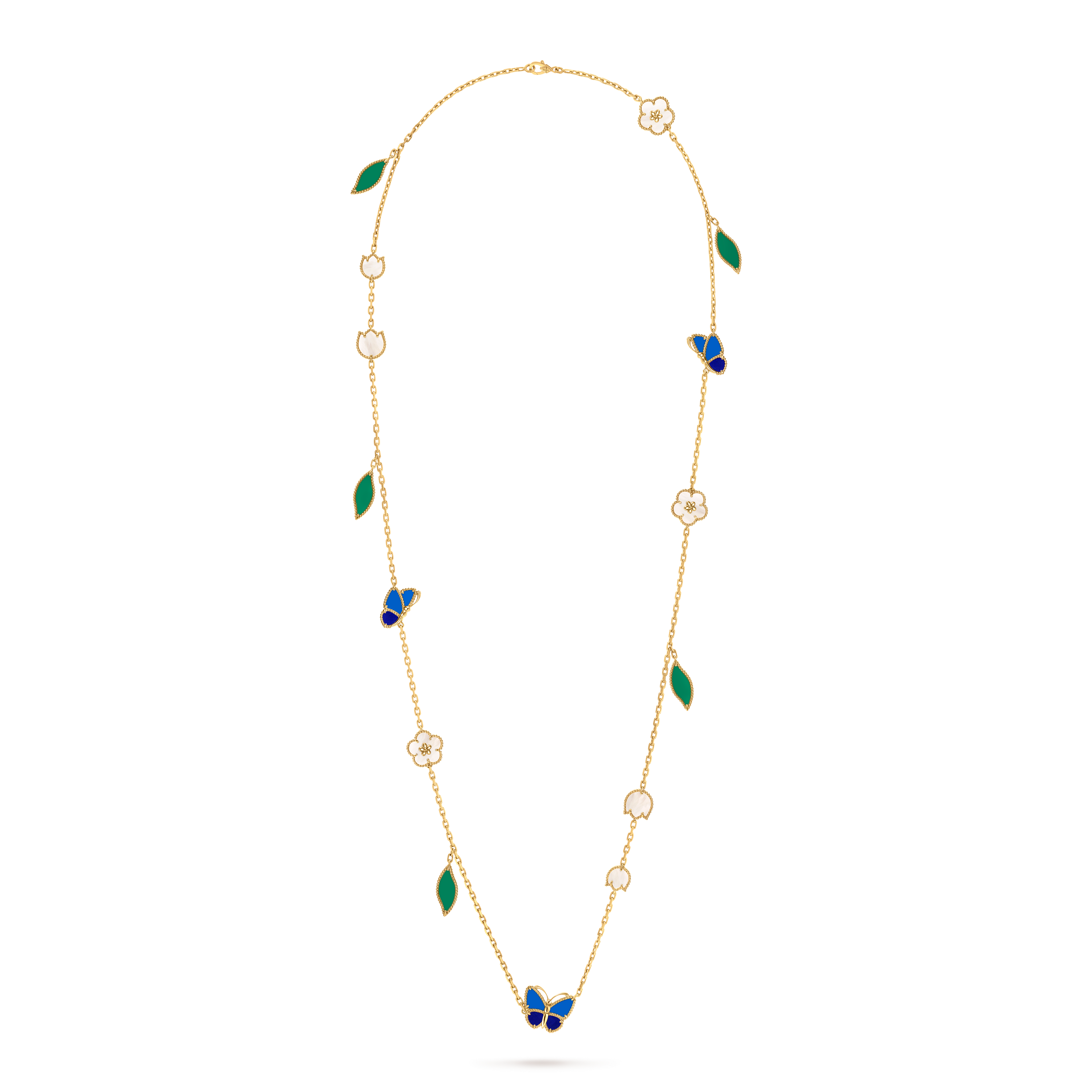 ラッキー スプリング パピヨン ロングネックレス、15モチーフ, 18K イエローゴールド, アゲート:  11 石, マザー オブ パール:  7 石, ラピスラズリ:  4 石, Front, Jewelry Long Necklace - ヴァン クリーフ&アーペル - Van Cleef & Arpels