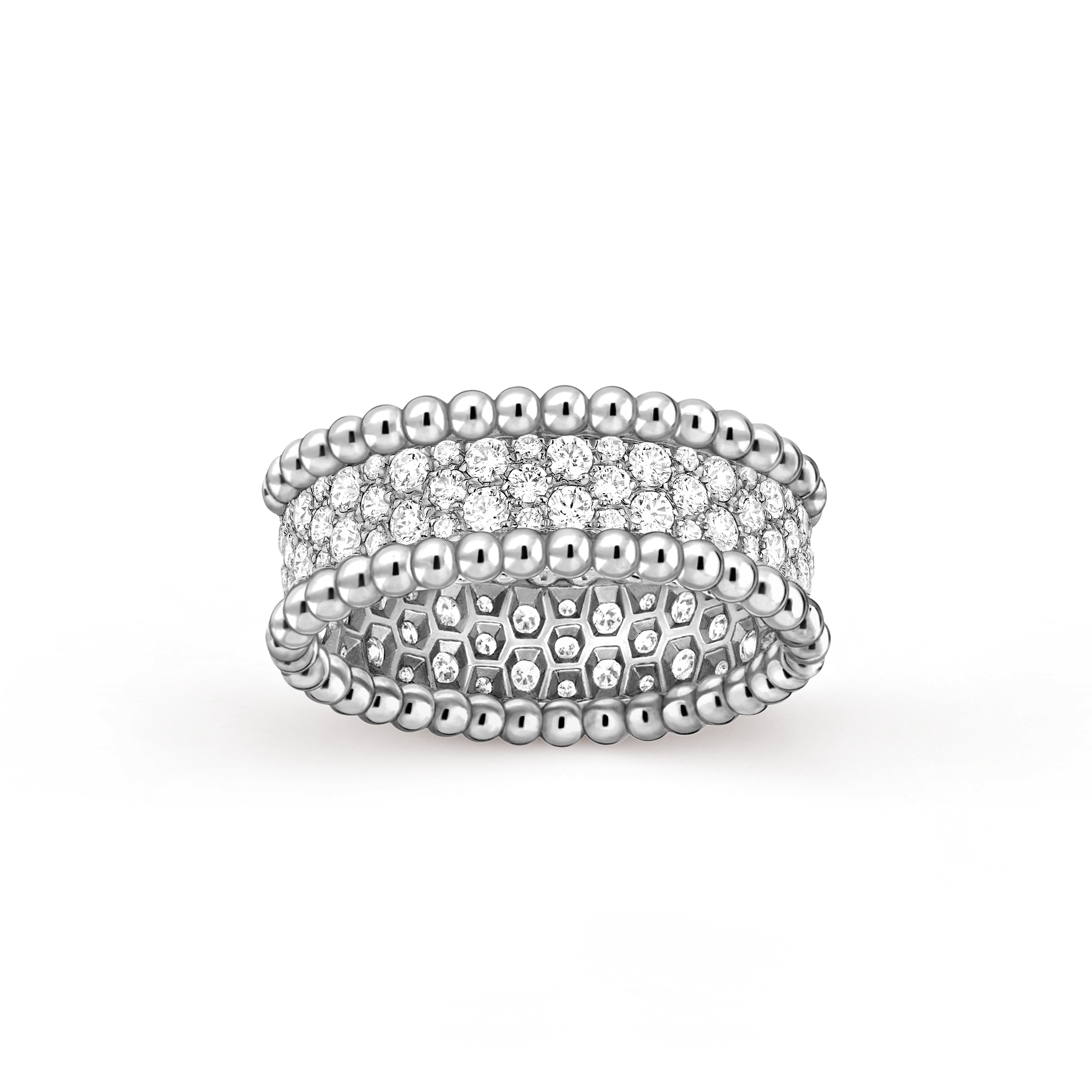 Perlée diamonds ring, 3 rows, 18K white gold, Diamond:  95 stones,  1.11 carats, Front, Jewelry Ring - Van Cleef & Arpels