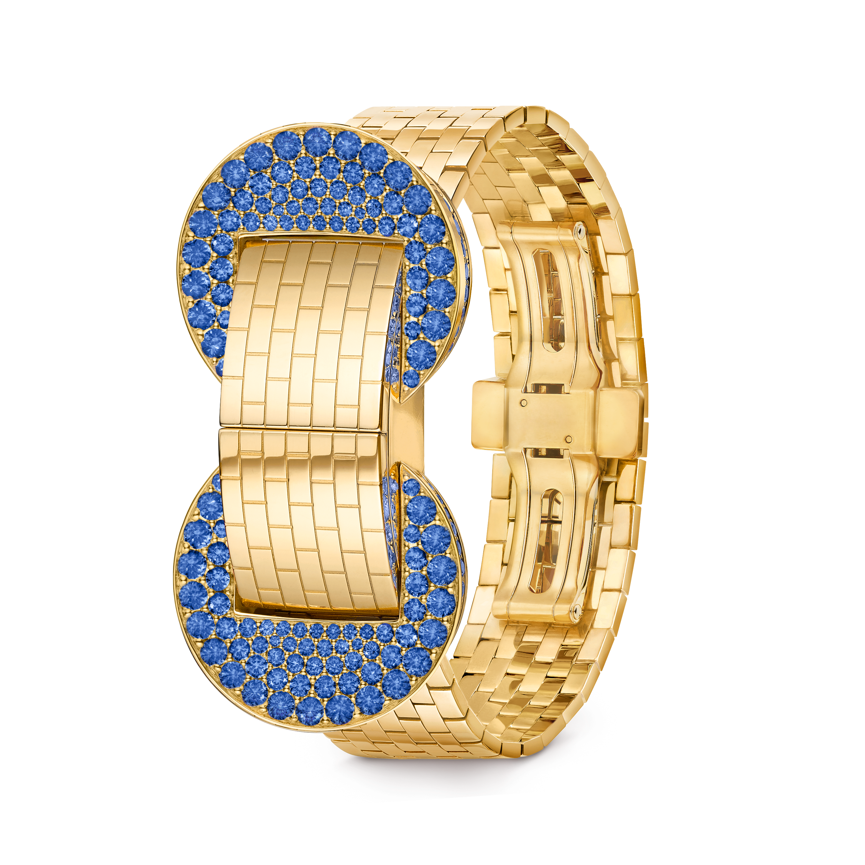 Ludo Secret watch, 18K yellow gold, Mother-of-pearl:  1 stone, Sapphire:  185 stones,  6.28 carats, Three Fourth Alternative, Watch - Van Cleef & Arpels