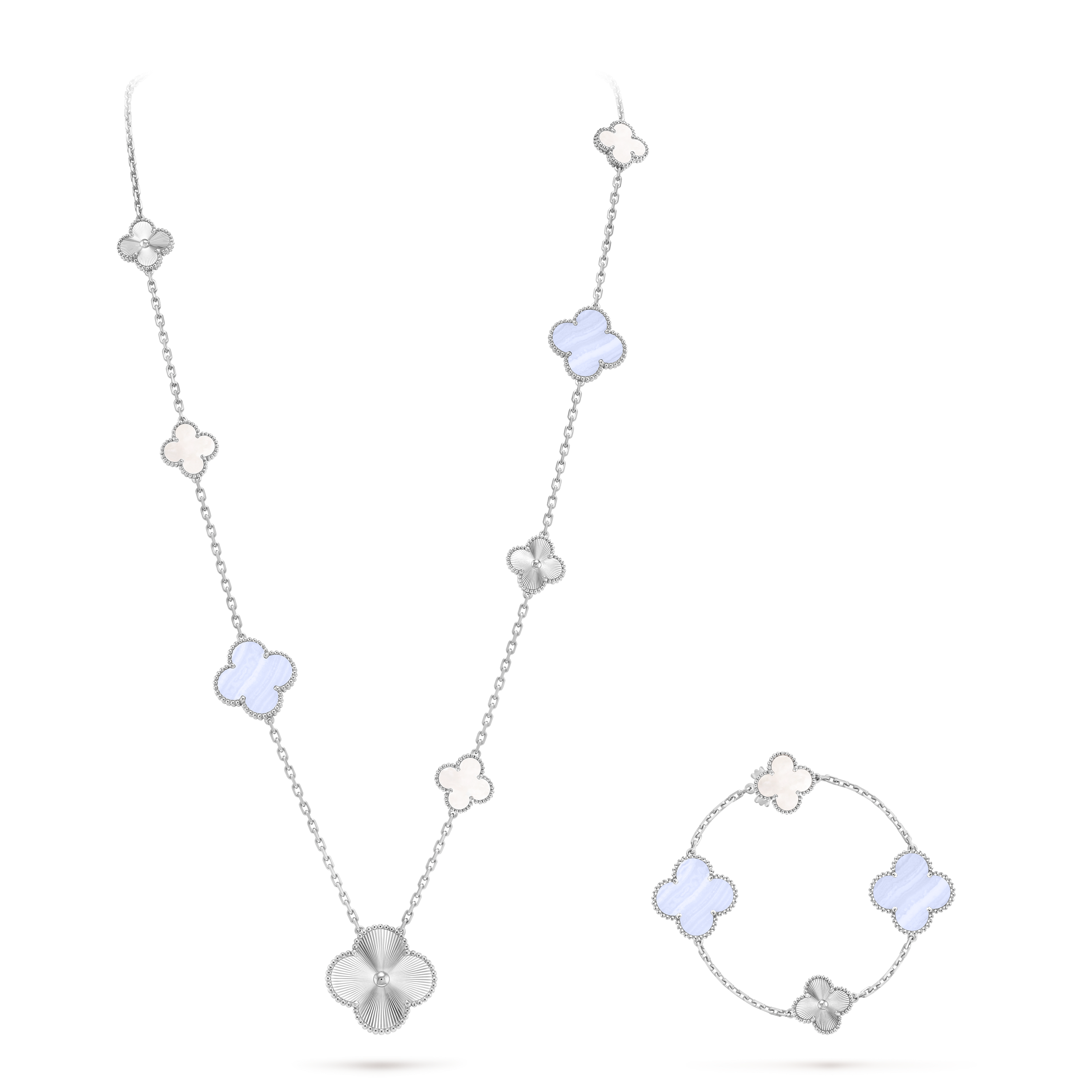 Magic Alhambra transformable long necklace, 15 motifs, 18K white gold, Chalcedony:  6 stones, Mother-of-pearl:  5 stones, On Stand, Jewelry Long Necklace