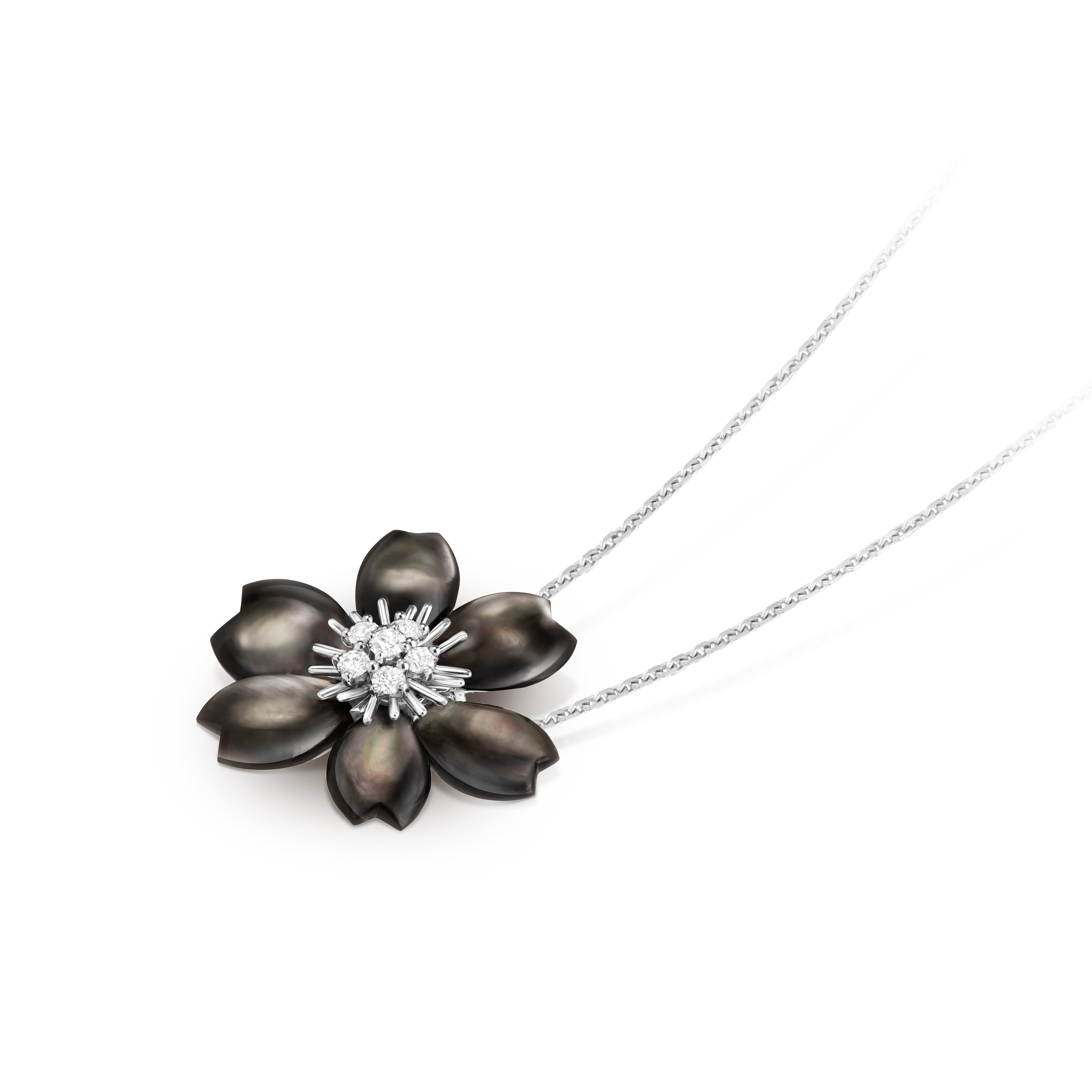 Rose de Noël clip pendant, small model 18K white gold, Diamond