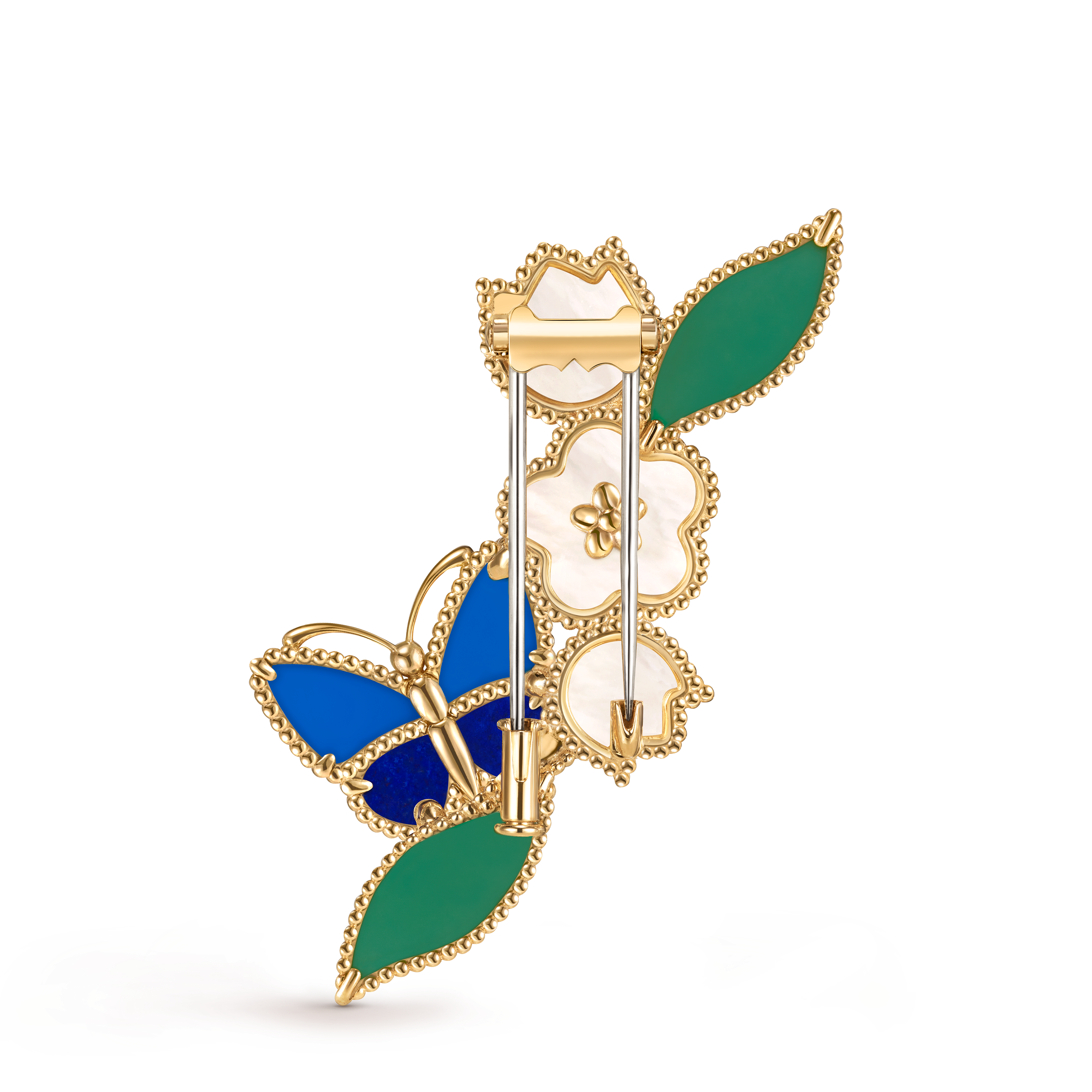 ラッキー スプリング パピヨン クリップ, 18K イエローゴールド, アゲート:  4 石, マザー オブ パール:  3 石, ラピスラズリ:  2 石, Back, Jewelry Clip - ヴァン クリーフ&アーペル - Van Cleef & Arpels