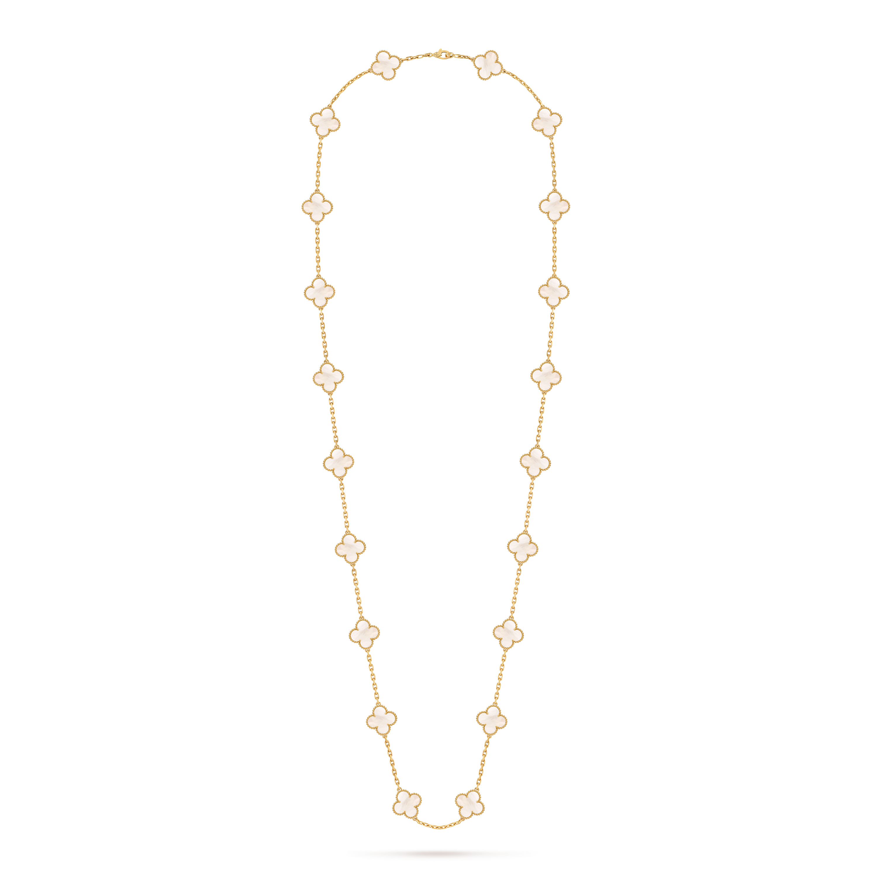 Vintage Alhambra long necklace, 20 motifs, 18K yellow gold, Mother-of-pearl:  20 stones, Front, Jewelry Long Necklace - Van Cleef & Arpels