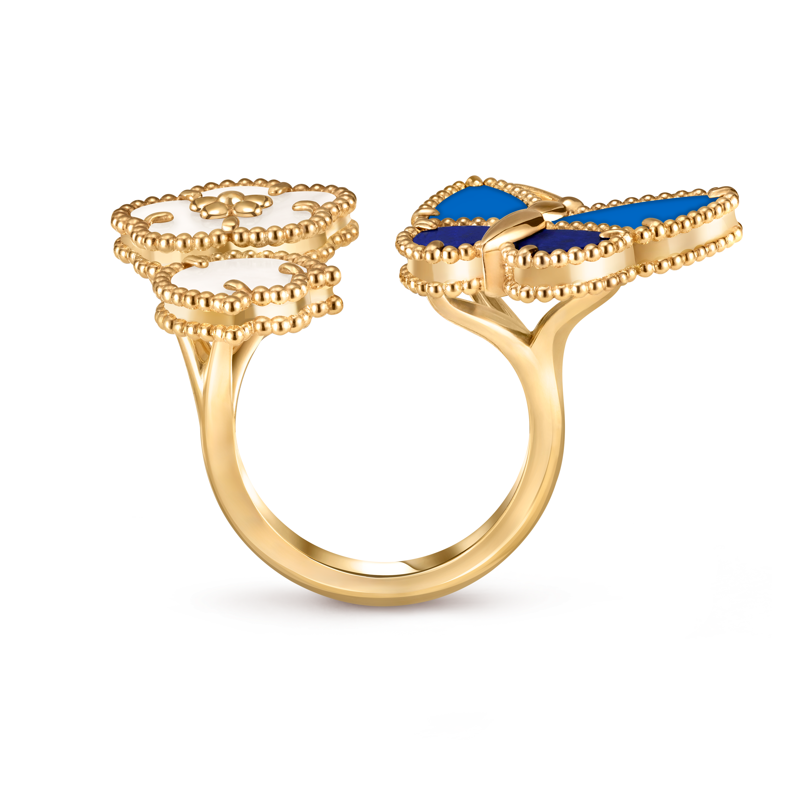 ラッキー スプリング パピヨン アントレ レ ドア リング, 18K イエローゴールド, アゲート:  2 石, マザー オブ パール:  2 石, ラピスラズリ:  2 石, Profile, Jewelry Ring - ヴァン クリーフ&アーペル - Van Cleef & Arpels