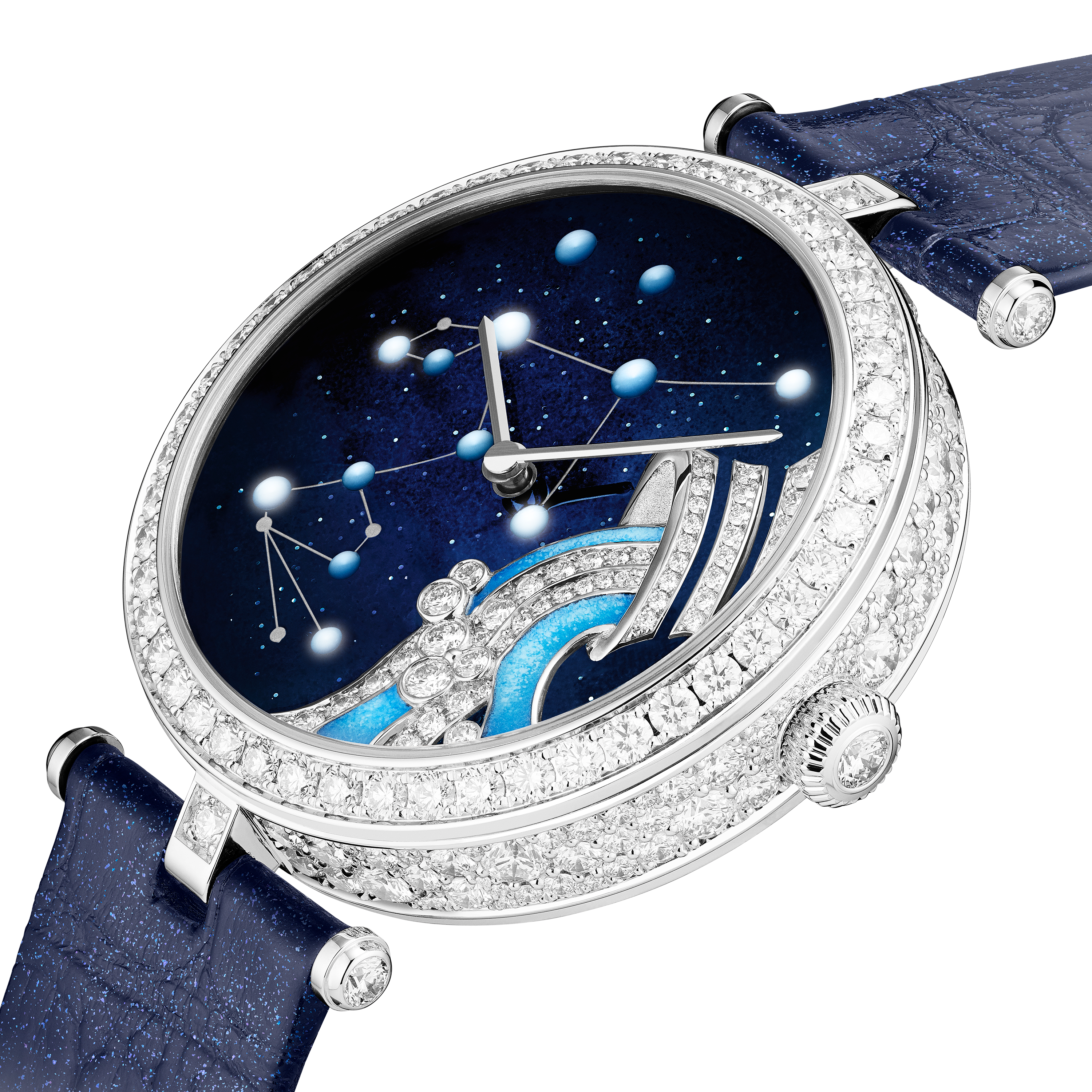 Lady Arpels Zodiaque Lumineux Aquarii (Aquarius) watch, 18K white gold, Diamond:  326 stones,  6.91 carats, Three Fourth, Watch - Van Cleef & Arpels