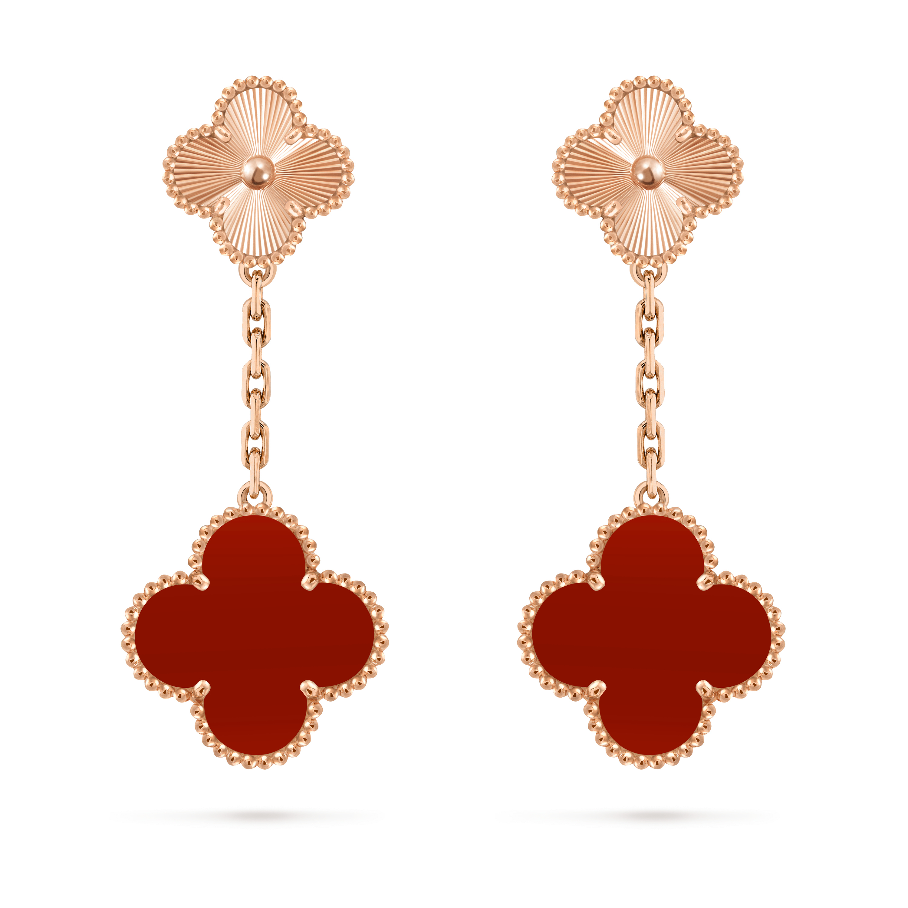 Magic Alhambra earrings, 2 motifs, 18K rose gold, Carnelian:  2 stones, Front, Jewelry Earrings - Van Cleef & Arpels