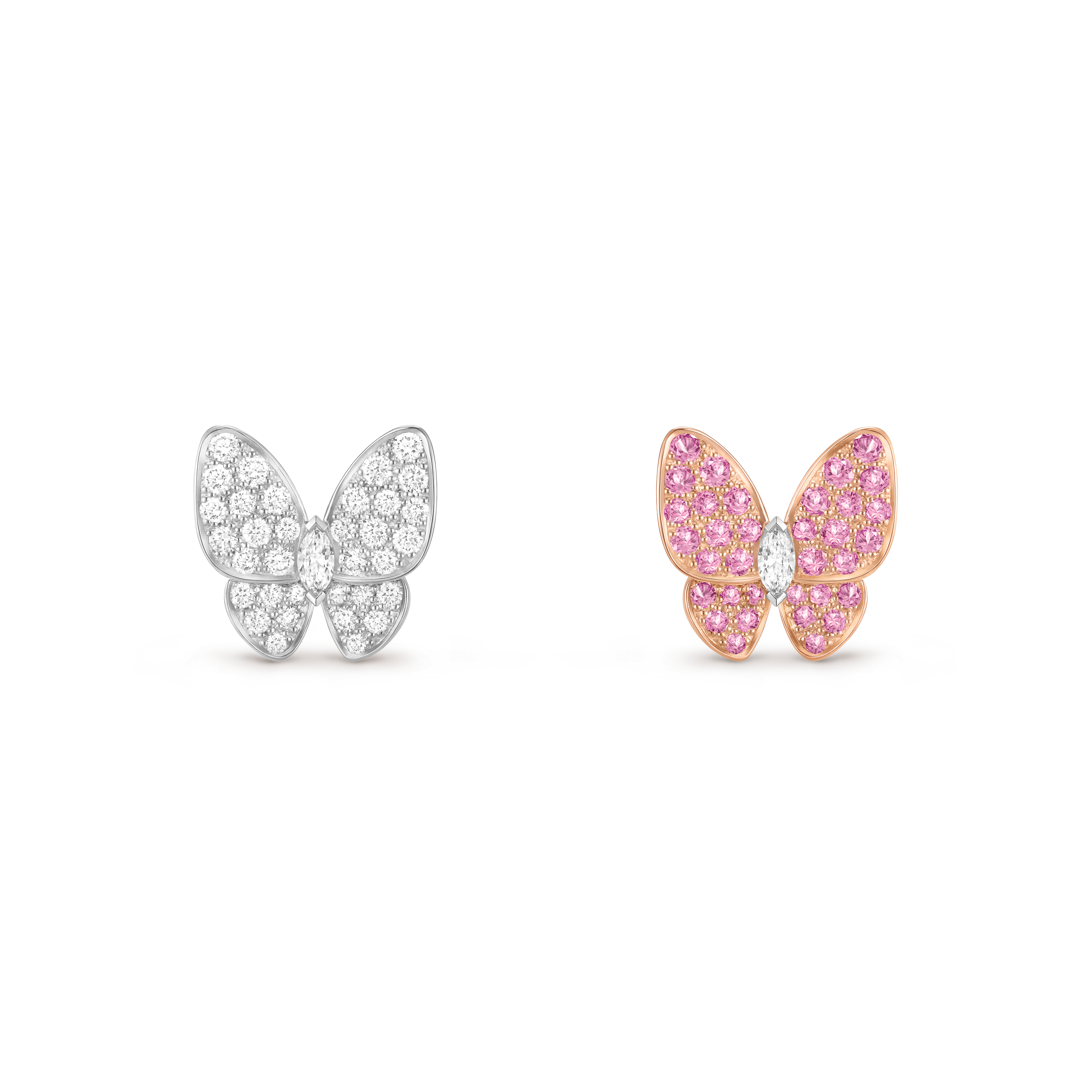 Two Butterfly earrings, 18K white gold, 18K rose gold, Diamond:  36 stones,  0.99 carat, Sapphire:  34 stones,  0.88 carat, Front, Jewelry Earrings - Van Cleef & Arpels