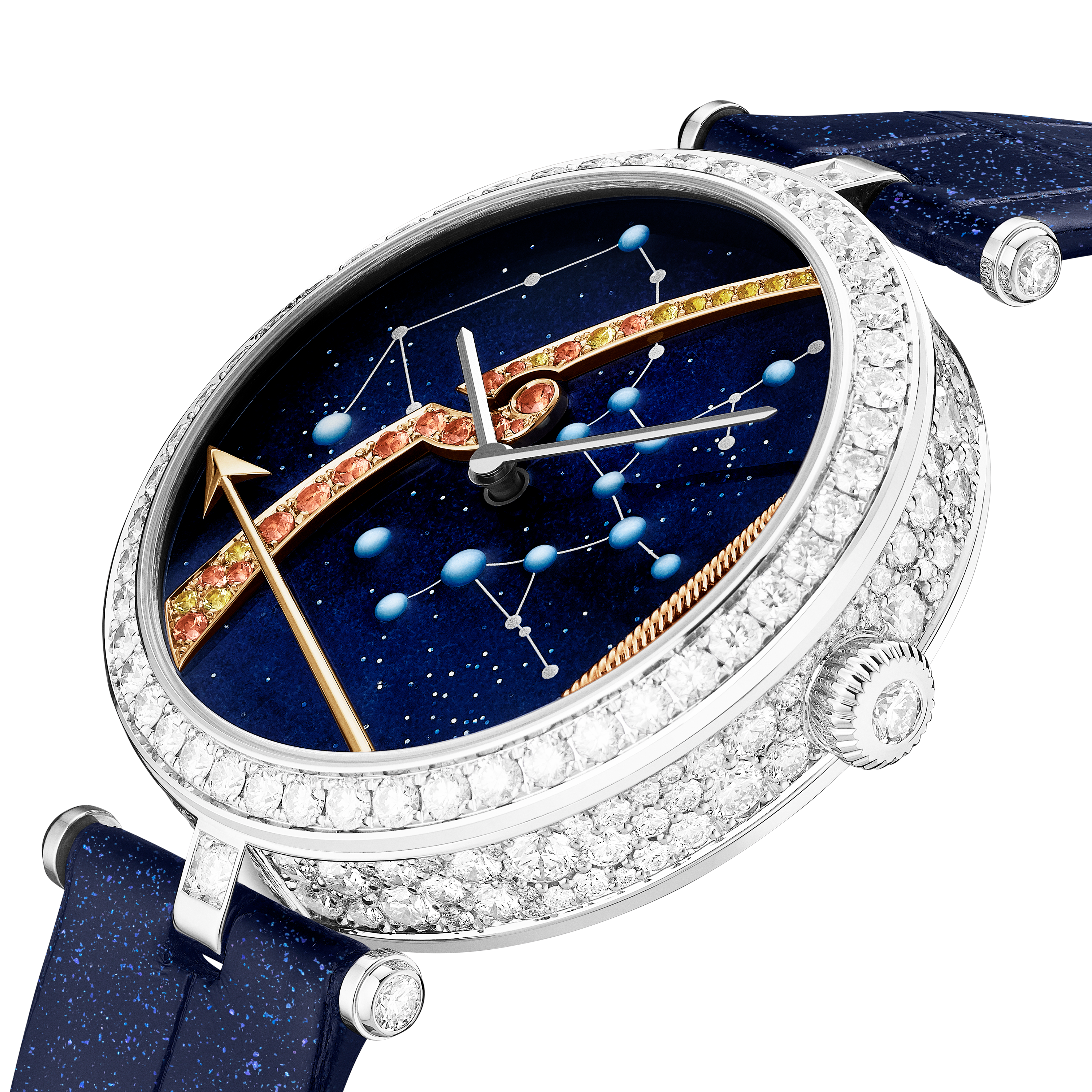 Lady Arpels Zodiaque Lumineux Sagittarii (Sagittarius) watch, 18K white gold, 18K yellow gold, 18K rose gold, Diamond:  273 stones,  6.48 carats, Sapphire:  11 stones,  0.08 carat, Spessartite Garnet:  16 stones,  0.24 carat, Three Fourth, Watch - Van Cleef & Arpels