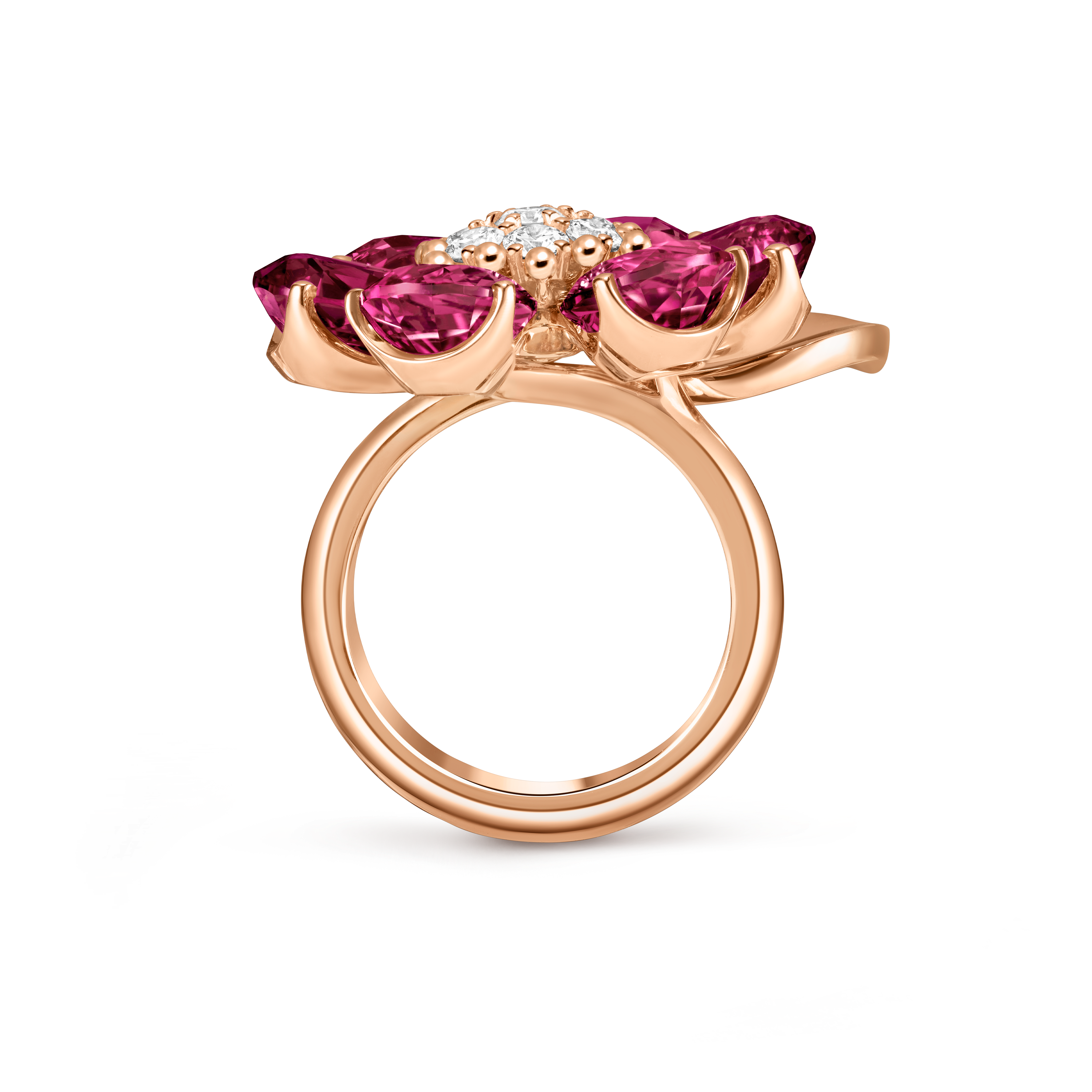 Bague Fleurs d’Hawaï, Or rose 750/1000, Diamant:  7 pierres,  0.54 carat, Rhodolite:  6 pierres,  11.76 carats, Front, Jewelry Ring - Van Cleef & Arpels