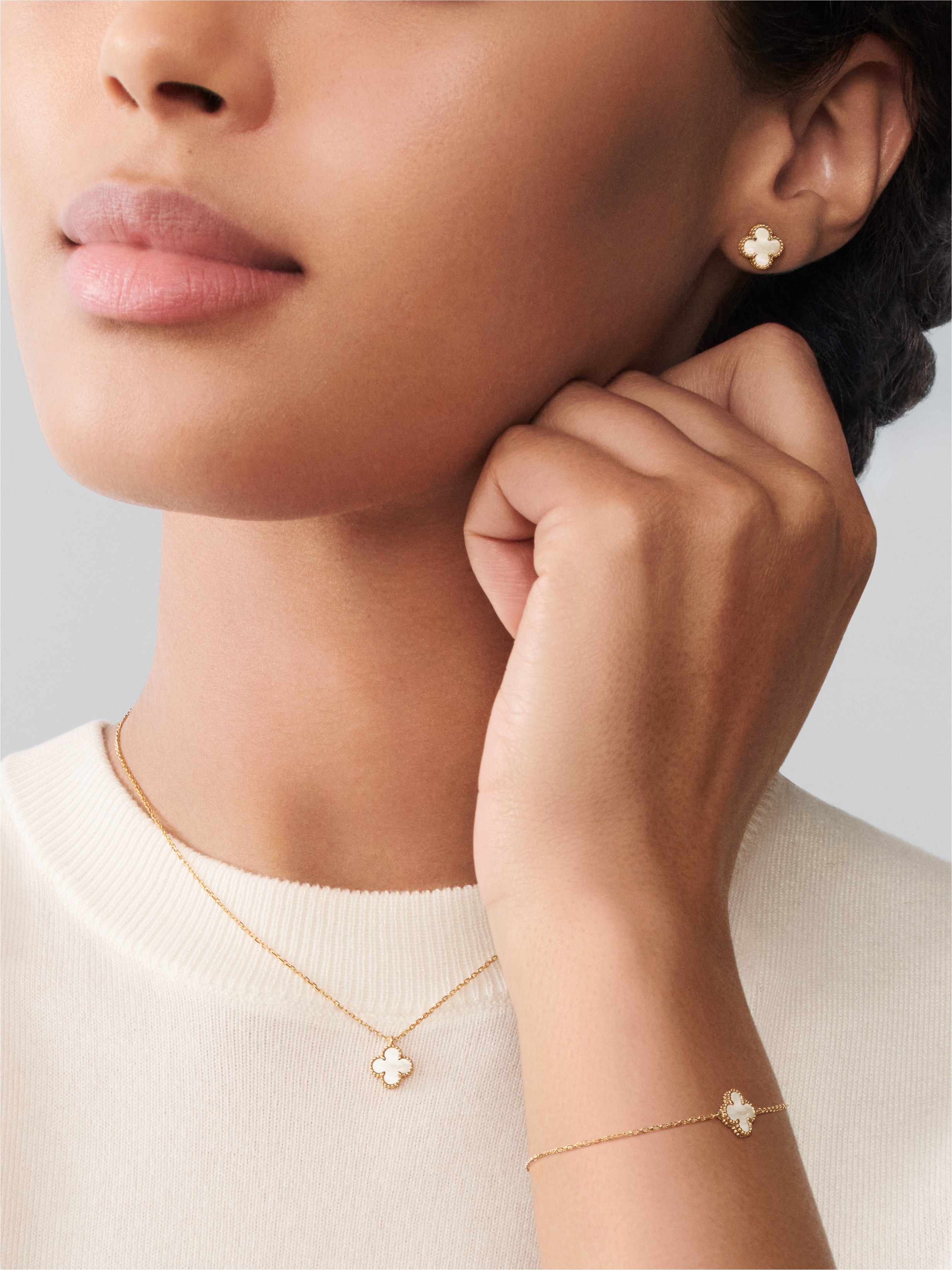 Sweet Alhambra earstuds, 18K yellow gold, Mother-of-pearl:  2 stones, Worn Alternative, Jewelry Earrings - Van Cleef & Arpels