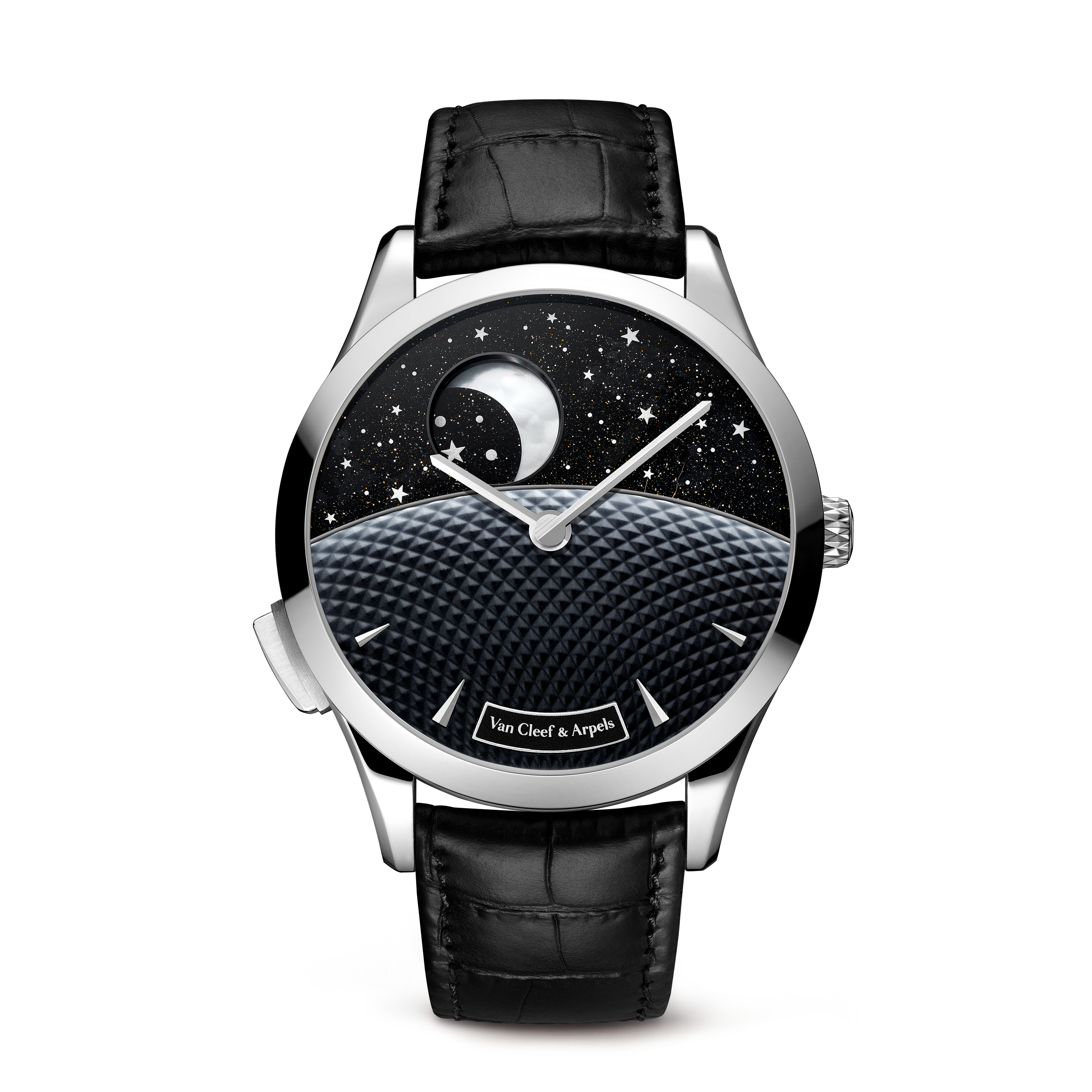 ساعة ميدنايت جور نوي فاز دو لون, ذهب أبيض 18 قيراط, أفنتورين:  2 أحجار, عرق اللؤلؤ:  2 أحجار, Front, Watch - Van Cleef & Arpels