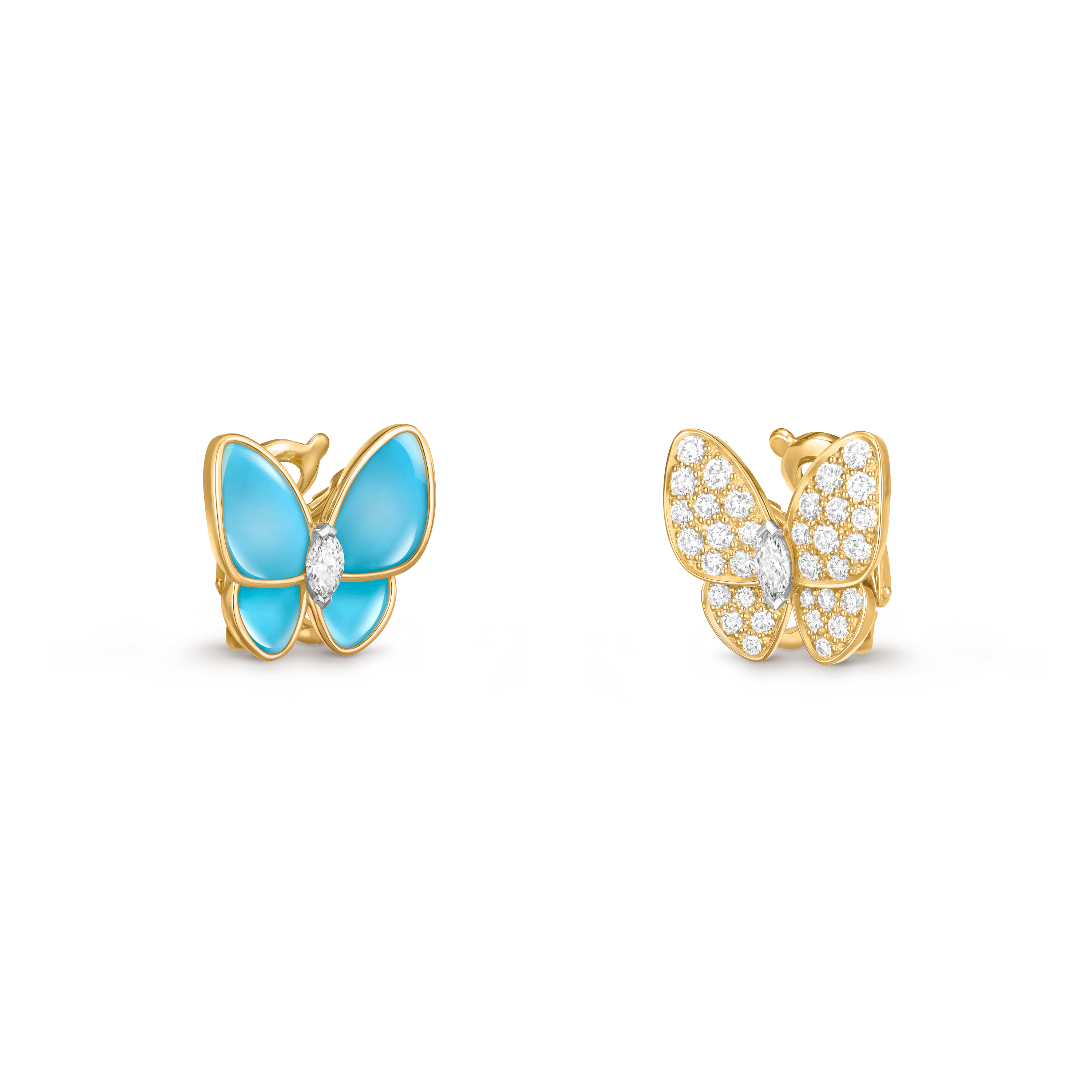 Two Butterfly earrings, 18K yellow gold, 18K white gold, Diamond:  36 stones,  0.99 carat, Turquoise:  4 stones, Three Fourth, Jewelry Earrings - Van Cleef & Arpels