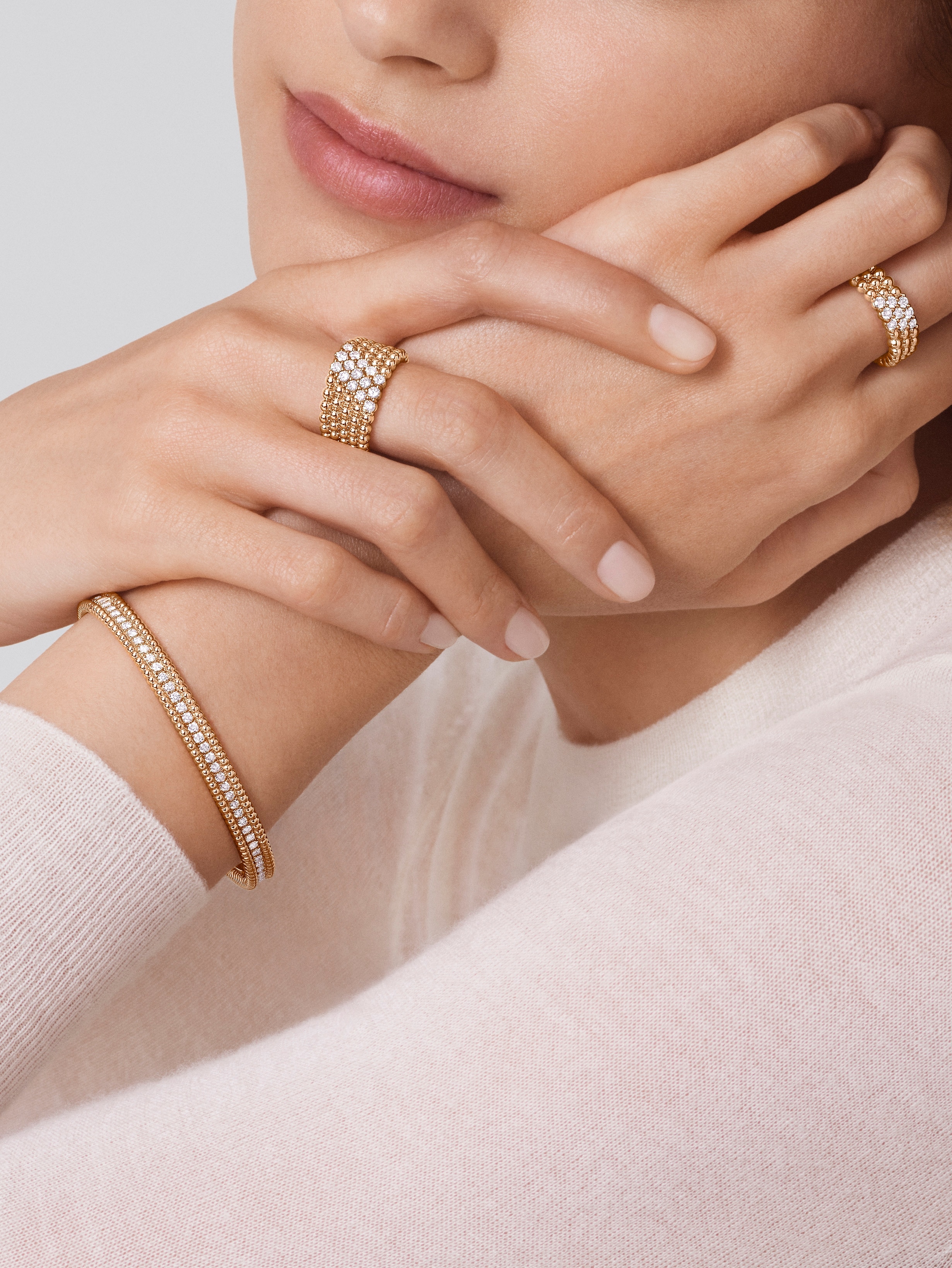 Perlée diamonds ring, 3 rows, 18K rose gold, Diamond:  9 stones,  0.31 carat, Worn Alternative, Jewelry Ring - Van Cleef & Arpels