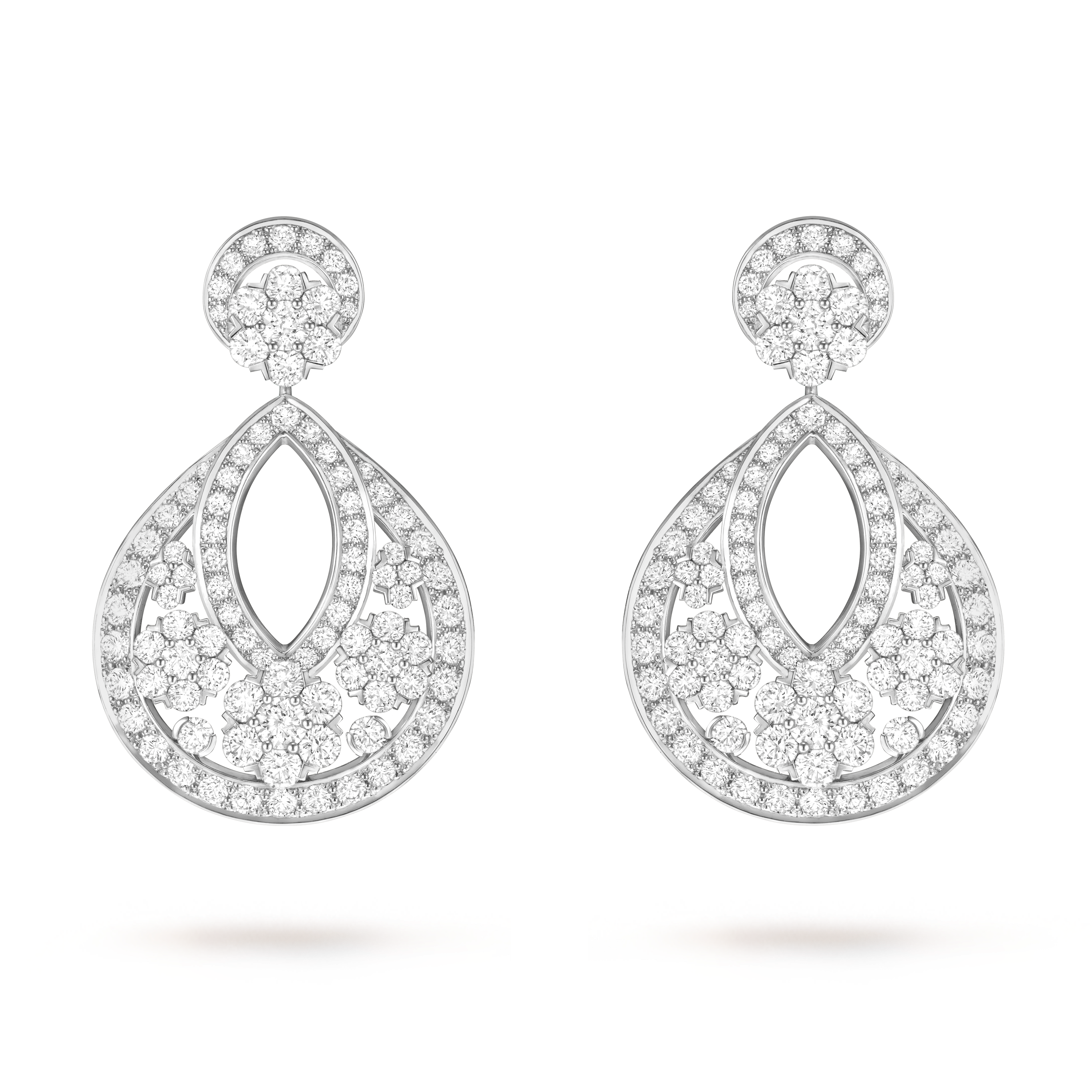 Snowflake transformable earrings, large model, 18K white gold, Diamond:  190 stones,  13.28 carats, Front, High Jewelry Earrings - Van Cleef & Arpels