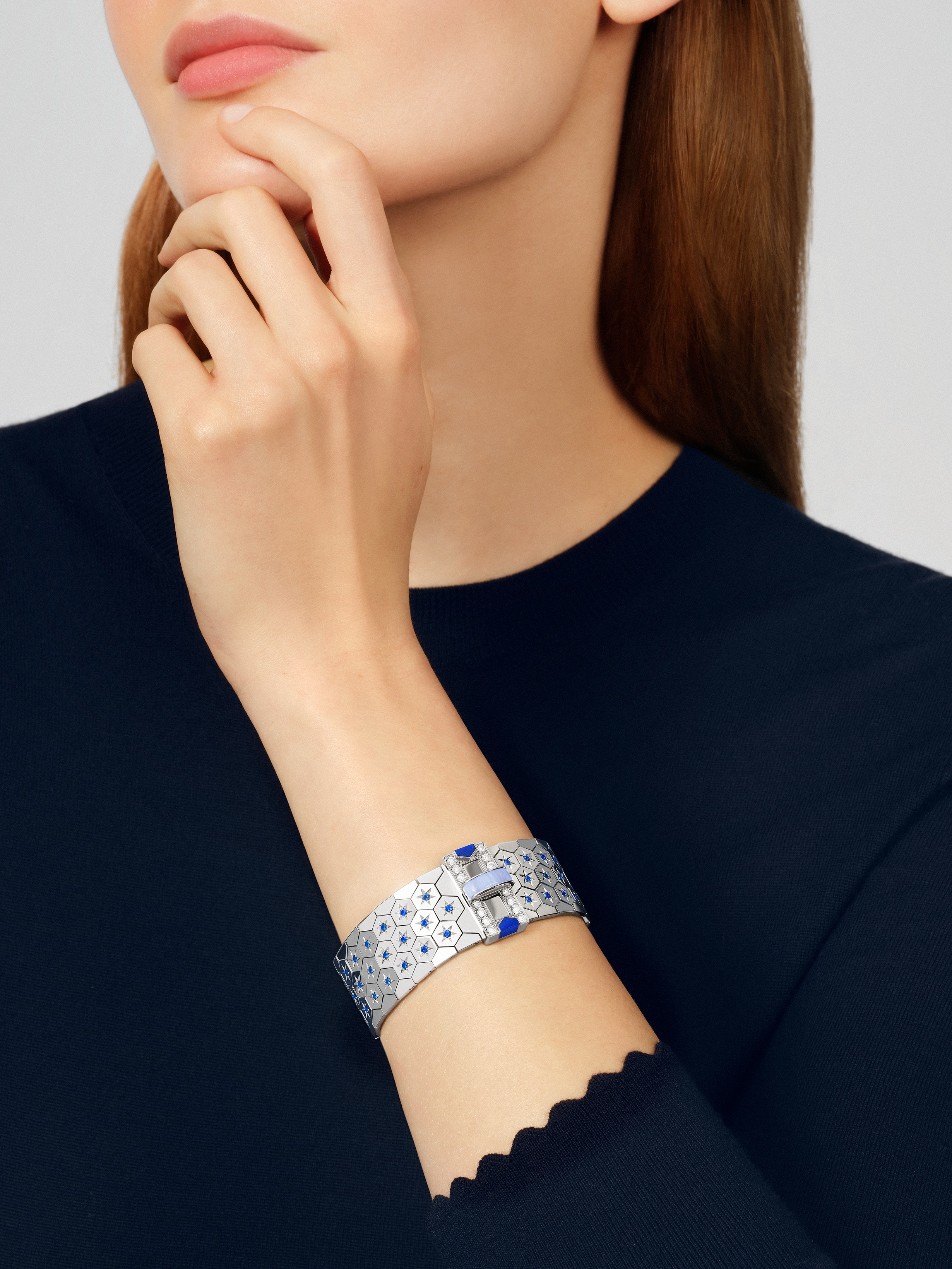 Ludo bracelet, 18K white gold, Chalcedony:  1 stone, Diamond:  18 stones,  1.02 carats, Lapis Lazuli:  2 stones, Sapphire:  69 stones,  2.41 carats, Worn Alternative, High Jewelry Bracelet - Van Cleef & Arpels