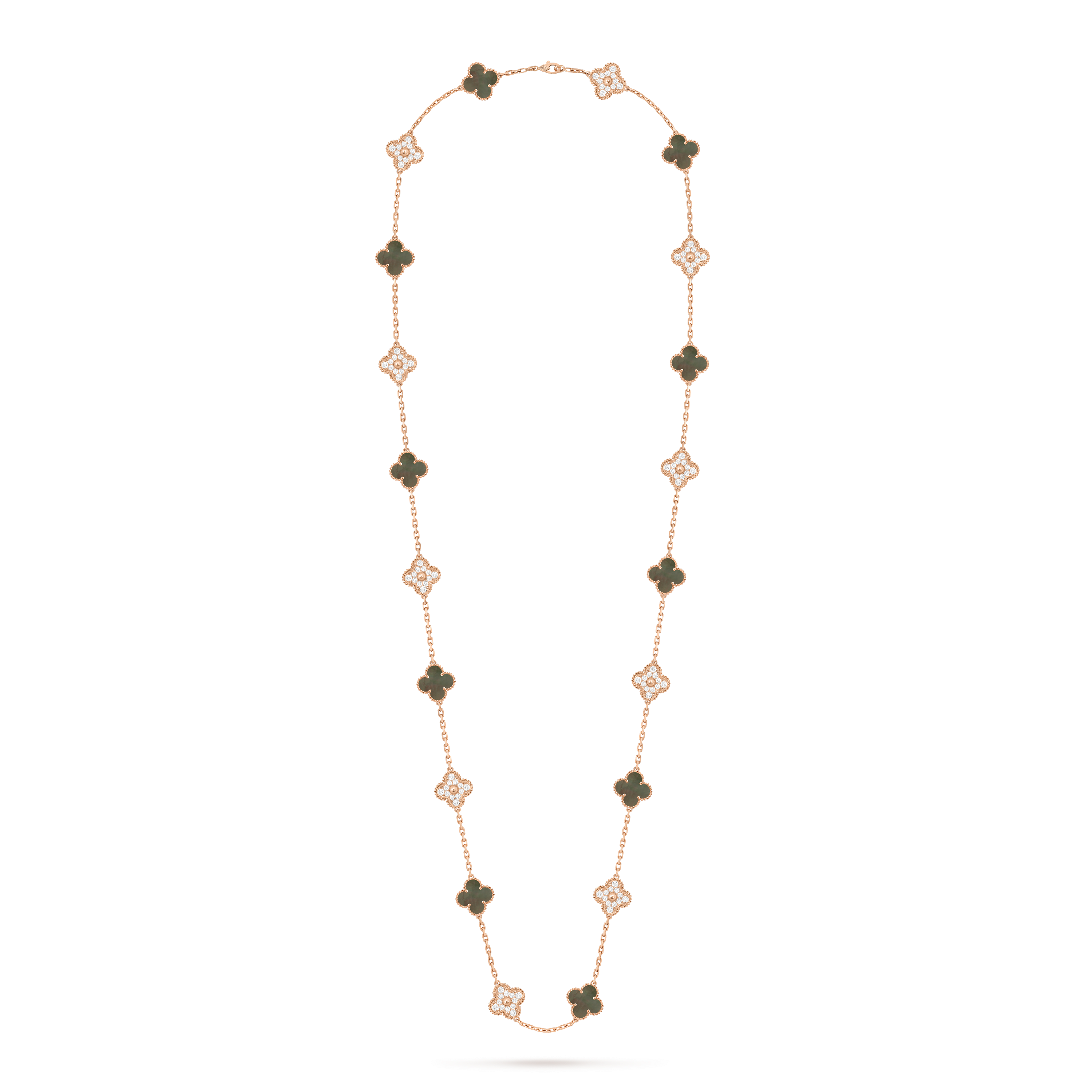 Vintage Alhambra long necklace, 20 motifs, 18K rose gold, Diamond:  120 stones,  4.83 carats, Mother-of-pearl:  10 stones, Front, Jewelry Long Necklace - Van Cleef & Arpels
