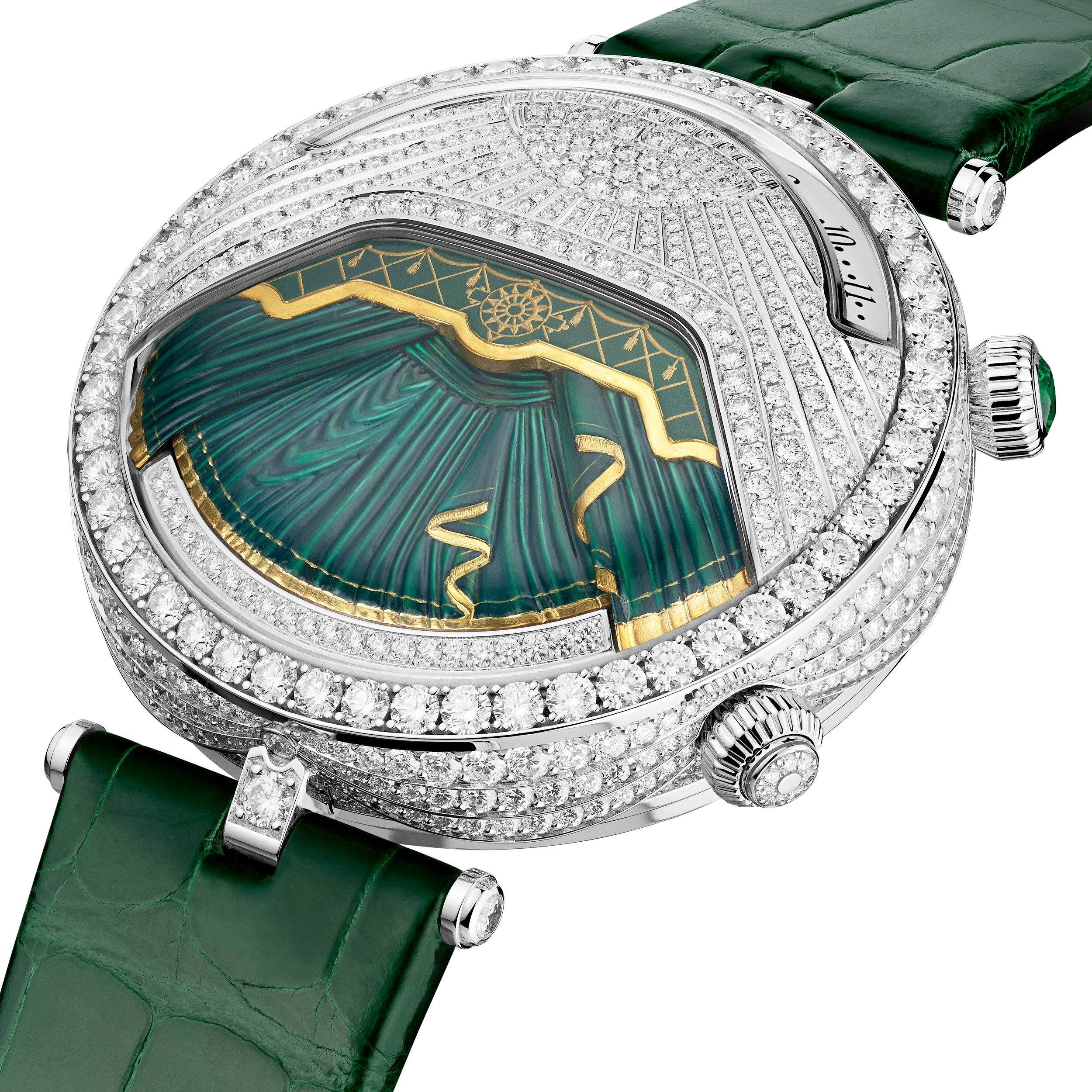 Montre Lady Arpels Ballerine Musicale Emeraude, Or blanc 750/1000, Diamant:  733 pierres,  7.52 carats, Émeraude:  1 pierre,  0.16 carat, Three Fourth Alternative, Watch - Van Cleef & Arpels