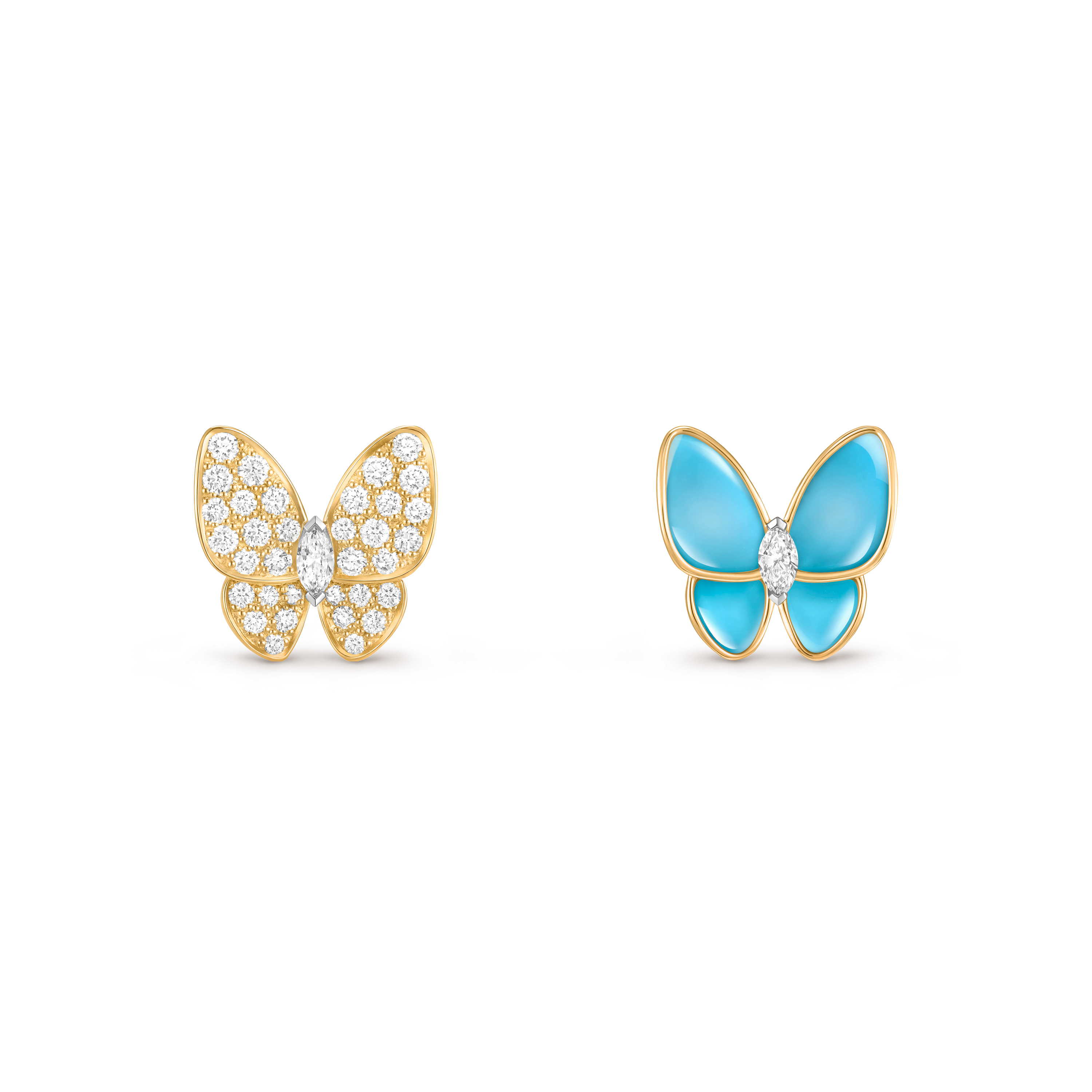 Two Butterfly earrings, 18K yellow gold, 18K white gold, Diamond:  36 stones,  0.99 carat, Turquoise:  4 stones, Front, Jewelry Earrings - Van Cleef & Arpels