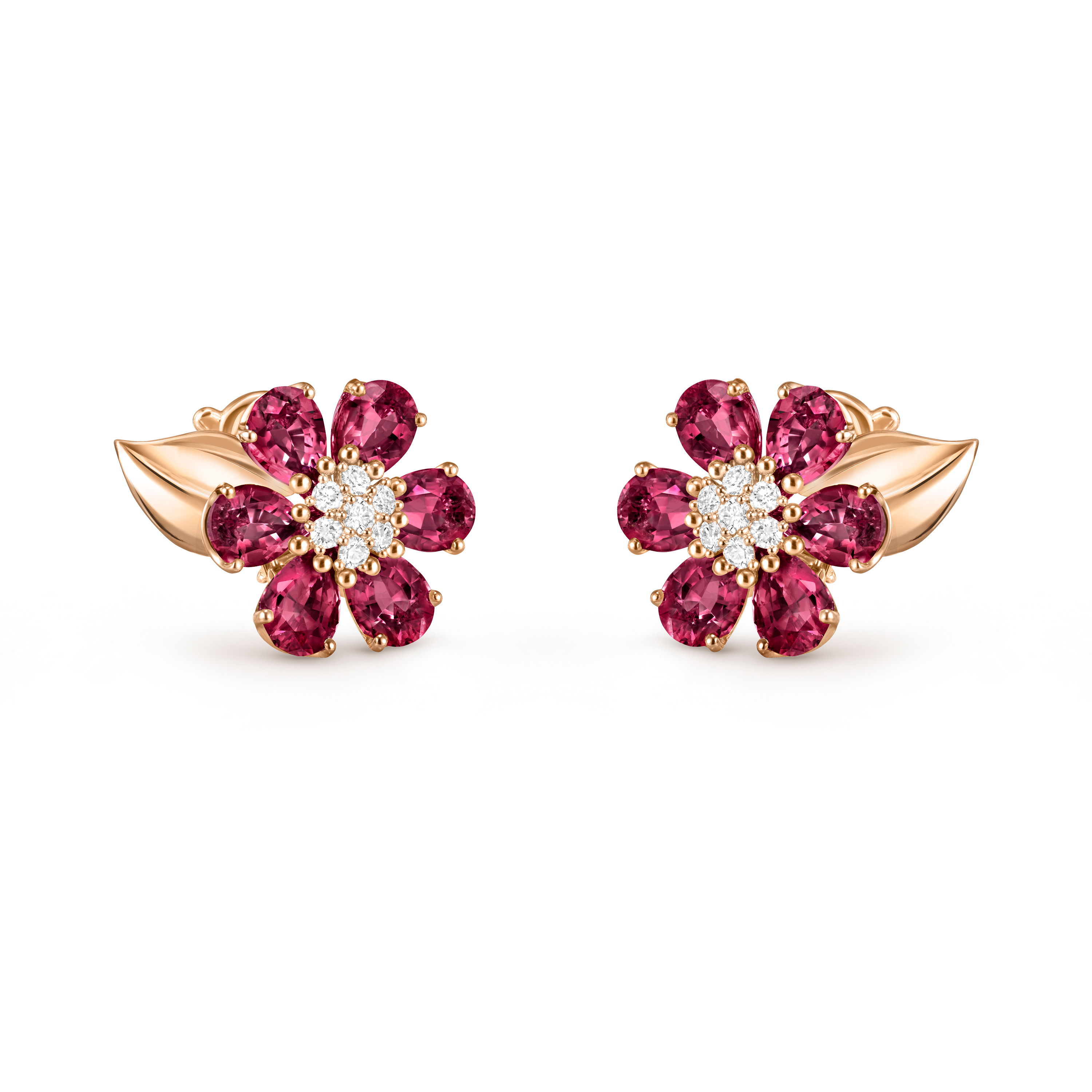 Boucles d’oreilles Fleurs d’Hawaï, Or rose 750/1000, Diamant:  14 pierres,  0.39 carat, Rhodolite:  12 pierres,  9.96 carats, Three Fourth, Jewelry Earrings - Van Cleef & Arpels