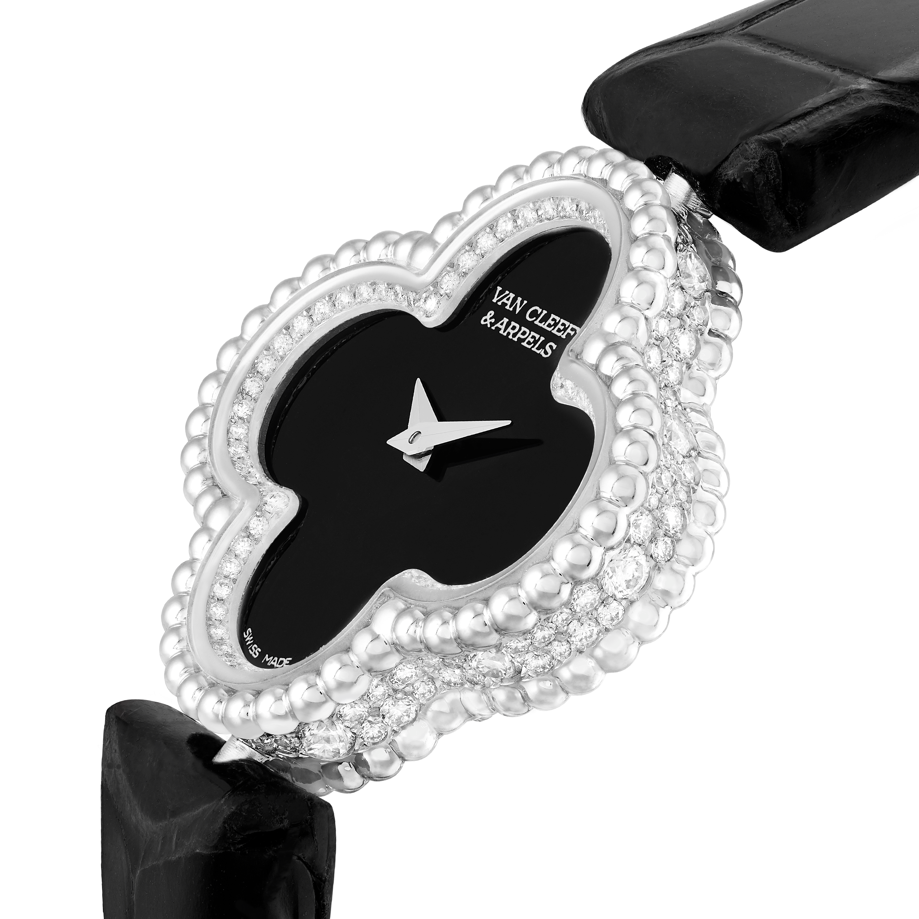 Montre Sweet Alhambra, Or blanc 750/1000, Diamant:  185 pierres,  0.74 carat, Onyx:  1 pierre, Three Fourth, Watch - Van Cleef & Arpels