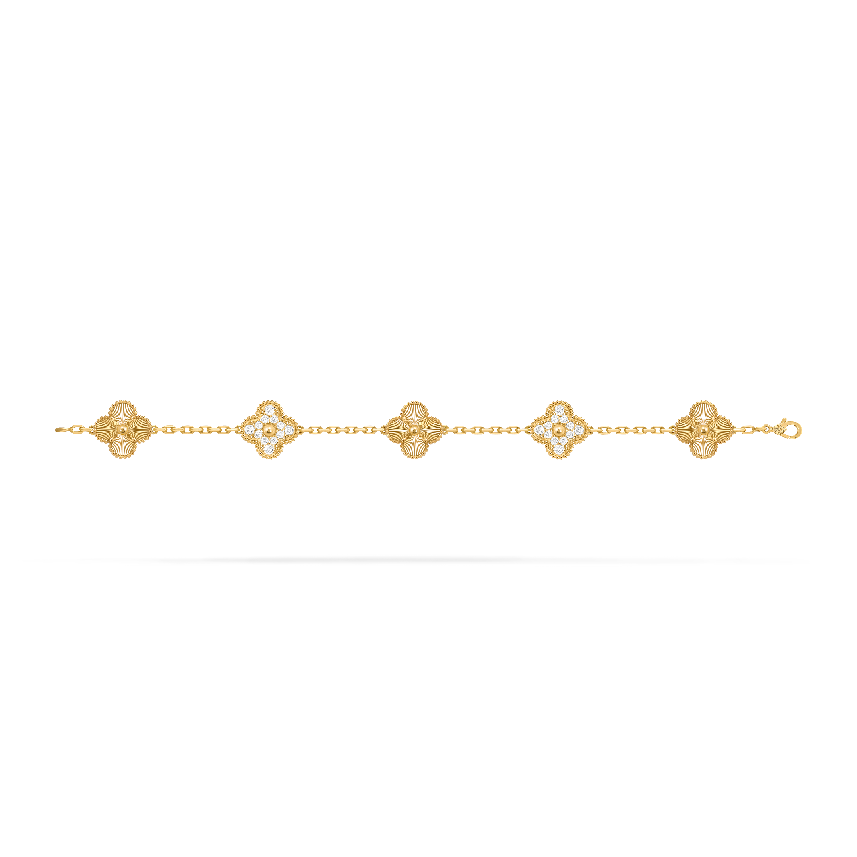 Vintage Alhambra bracelet, 5 motifs, 18K yellow gold, Diamond:  24 stones,  0.96 carat, Open, Jewelry Bracelet - Van Cleef & Arpels