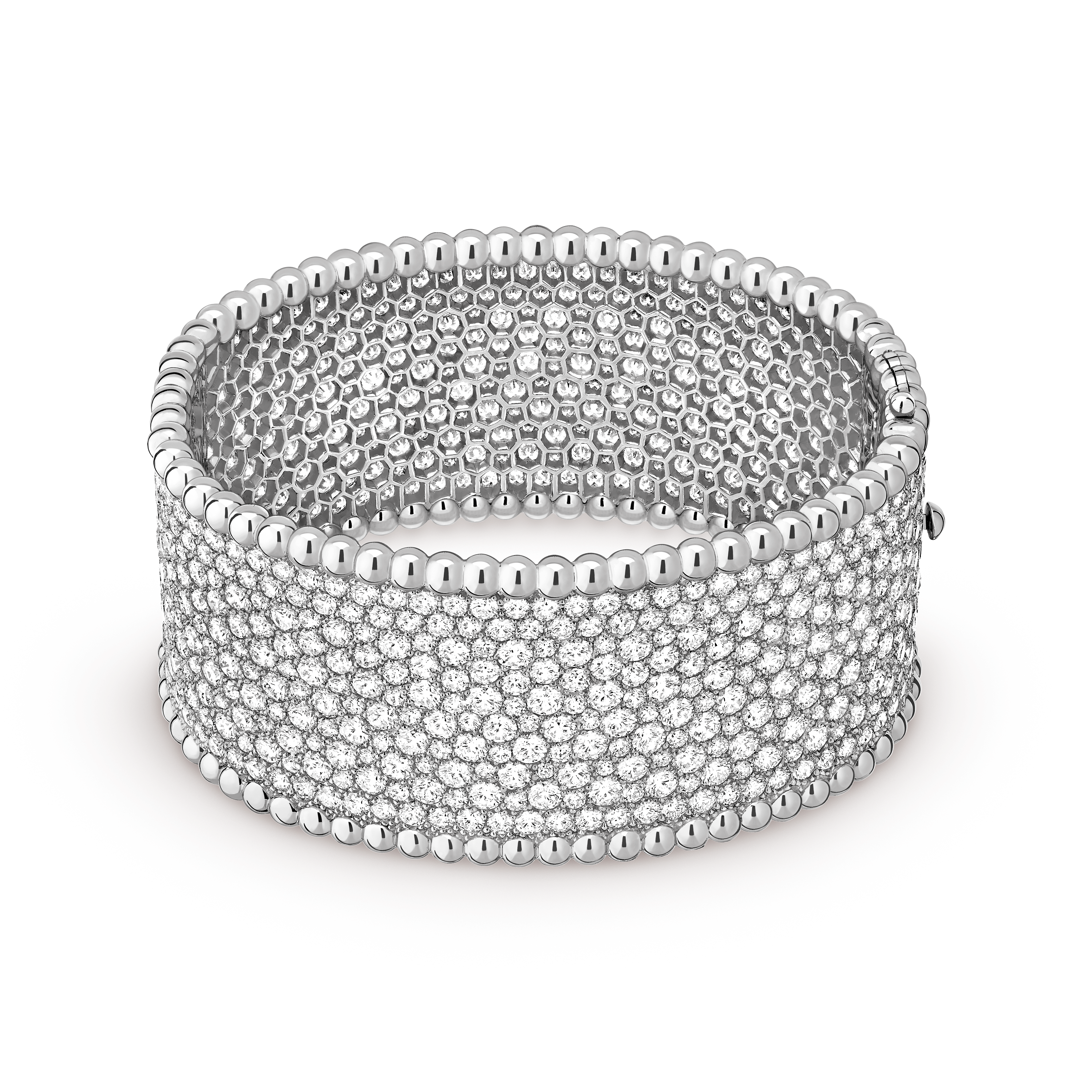 Perlée diamonds cuff bracelet, small model, 18K white gold, Diamond:  714 stones,  36.31 carats, Front, Jewelry Bracelet - Van Cleef & Arpels